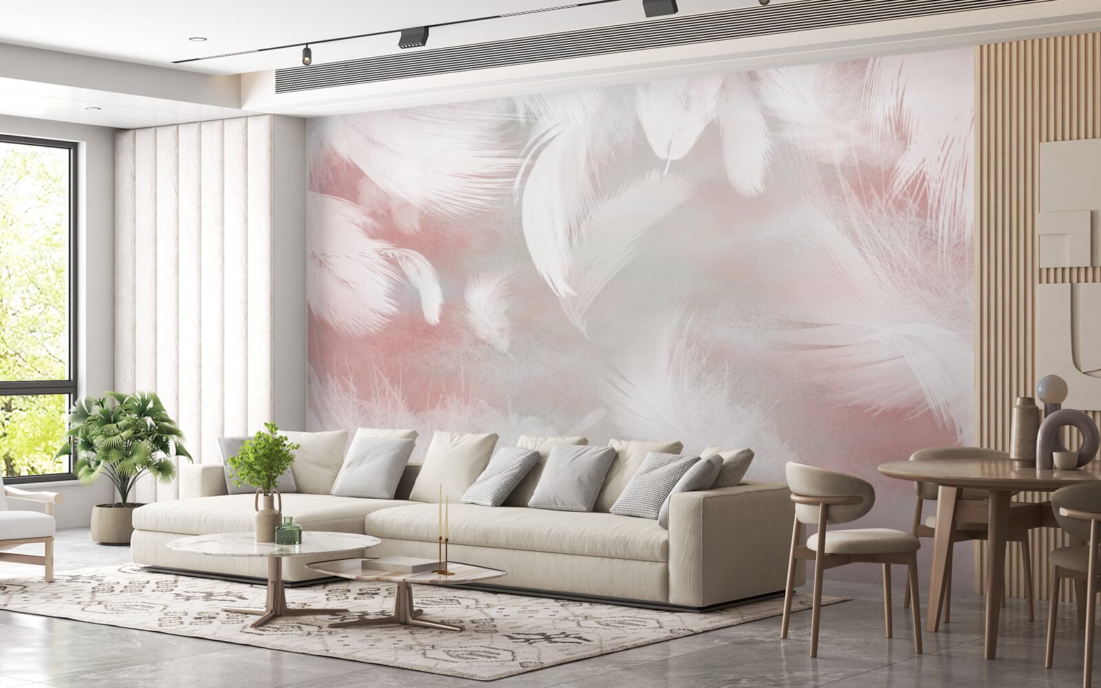 Fototapeta ružový podklad je zdobený bielymi pierkami