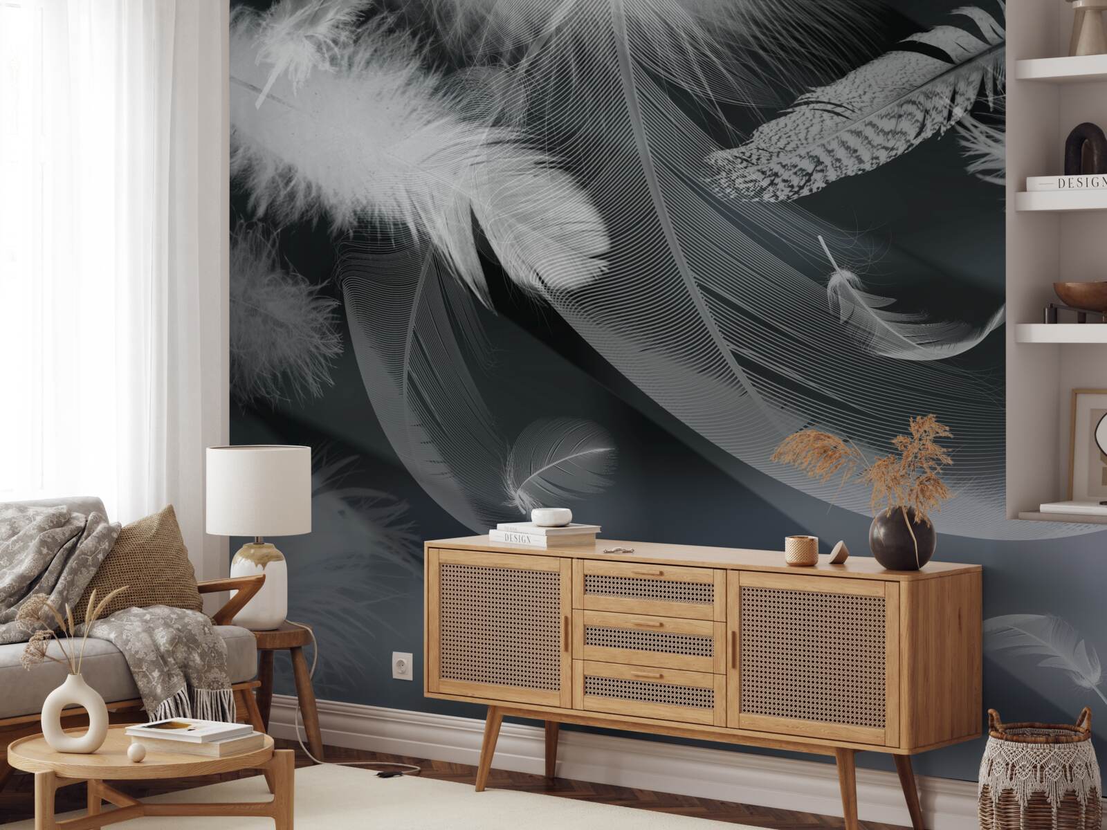 Fototapeta tmavé pozadie zdobené pierkami