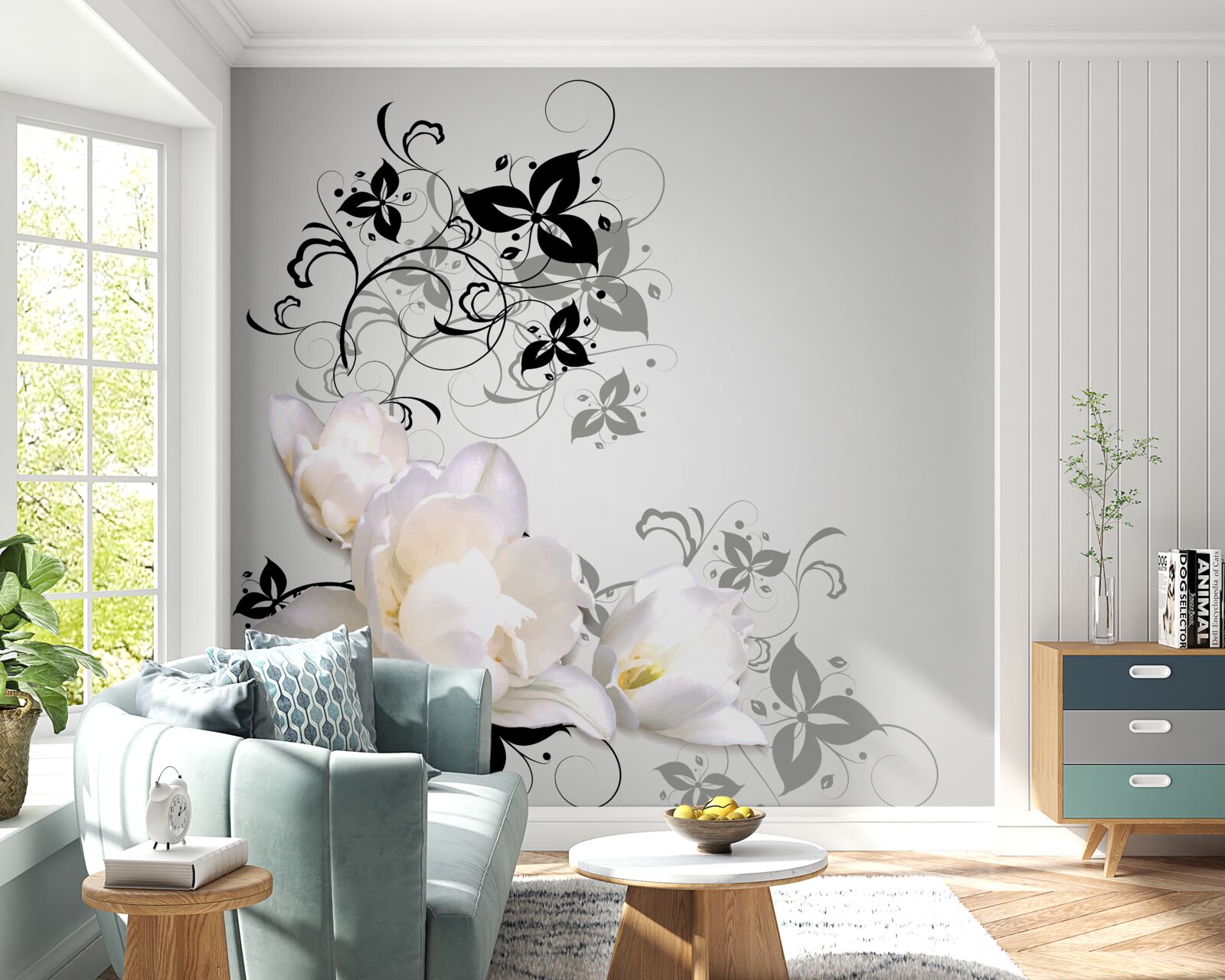 Fototapeta na sivom podklade je vyobrazené lekno s tmavými listami