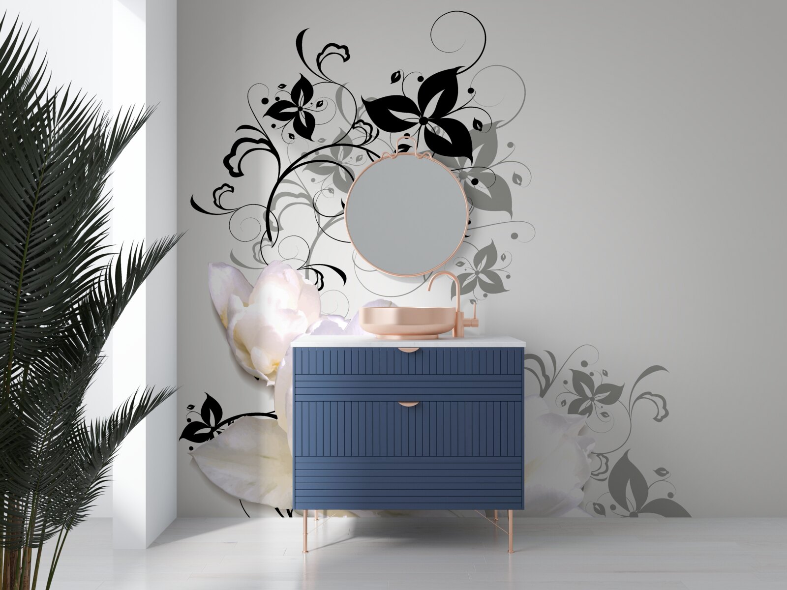 Fototapeta na sivom podklade je vyobrazené lekno s tmavými listami