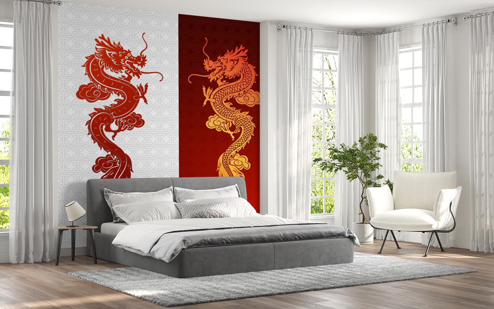 Fototapeta obrázok draka na bielom a červenom pozadí