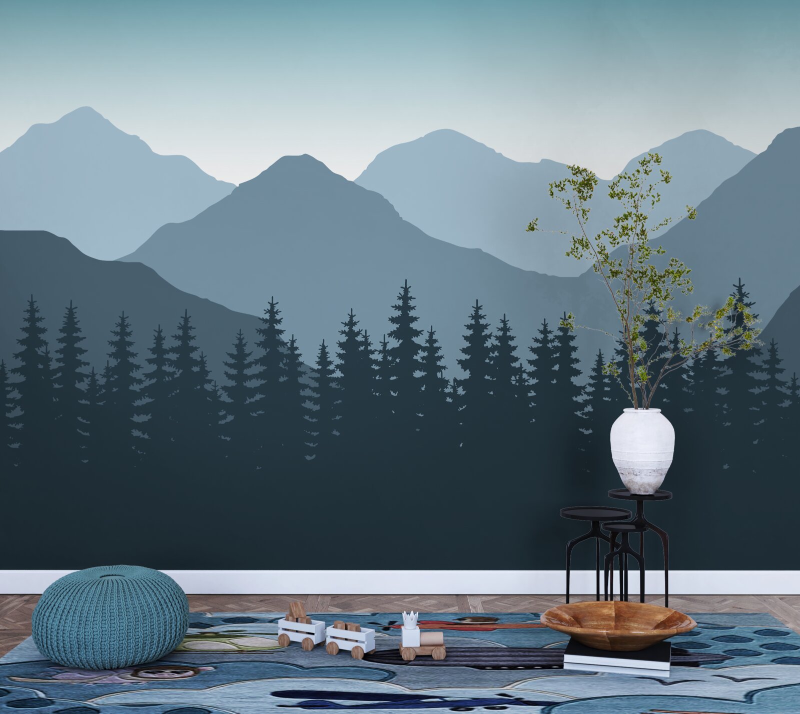 Fototapeta hory za úsvitu v ihličnatom lese