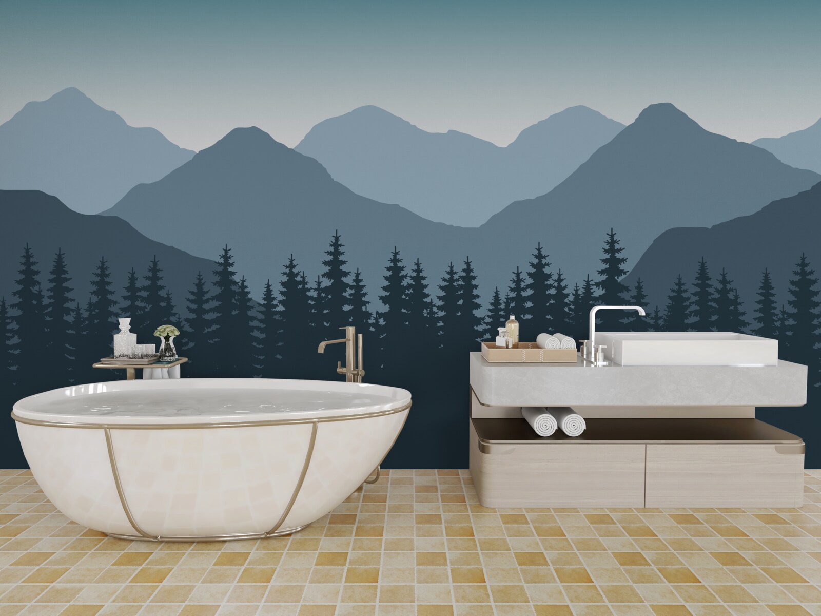 Fototapeta hory za úsvitu v ihličnatom lese