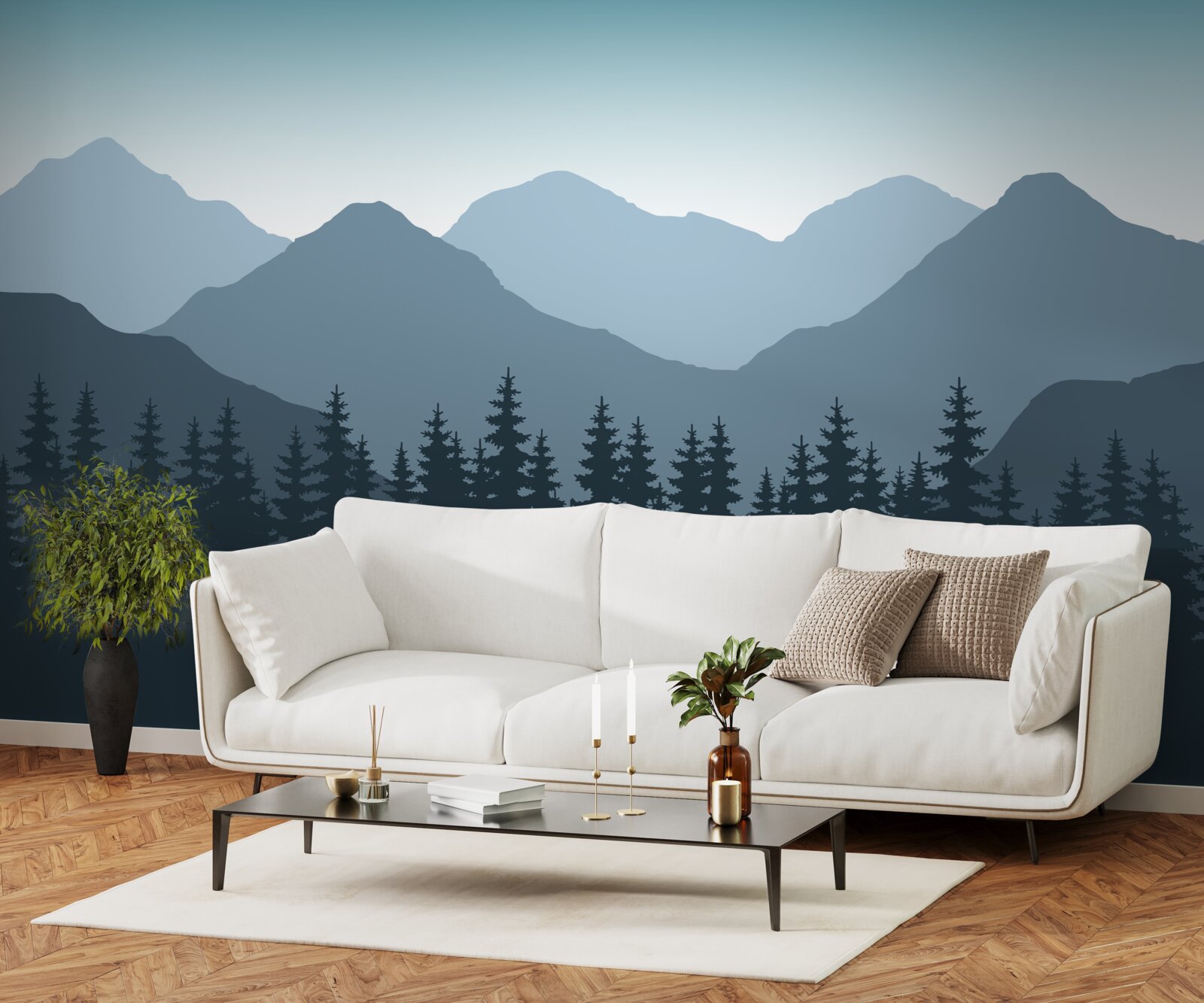 Fototapeta hory za úsvitu v ihličnatom lese