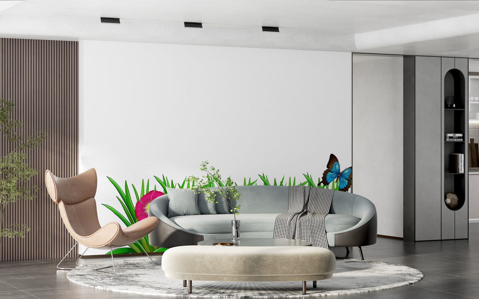 Fototapeta motýľ sedí na tráve s gerberami