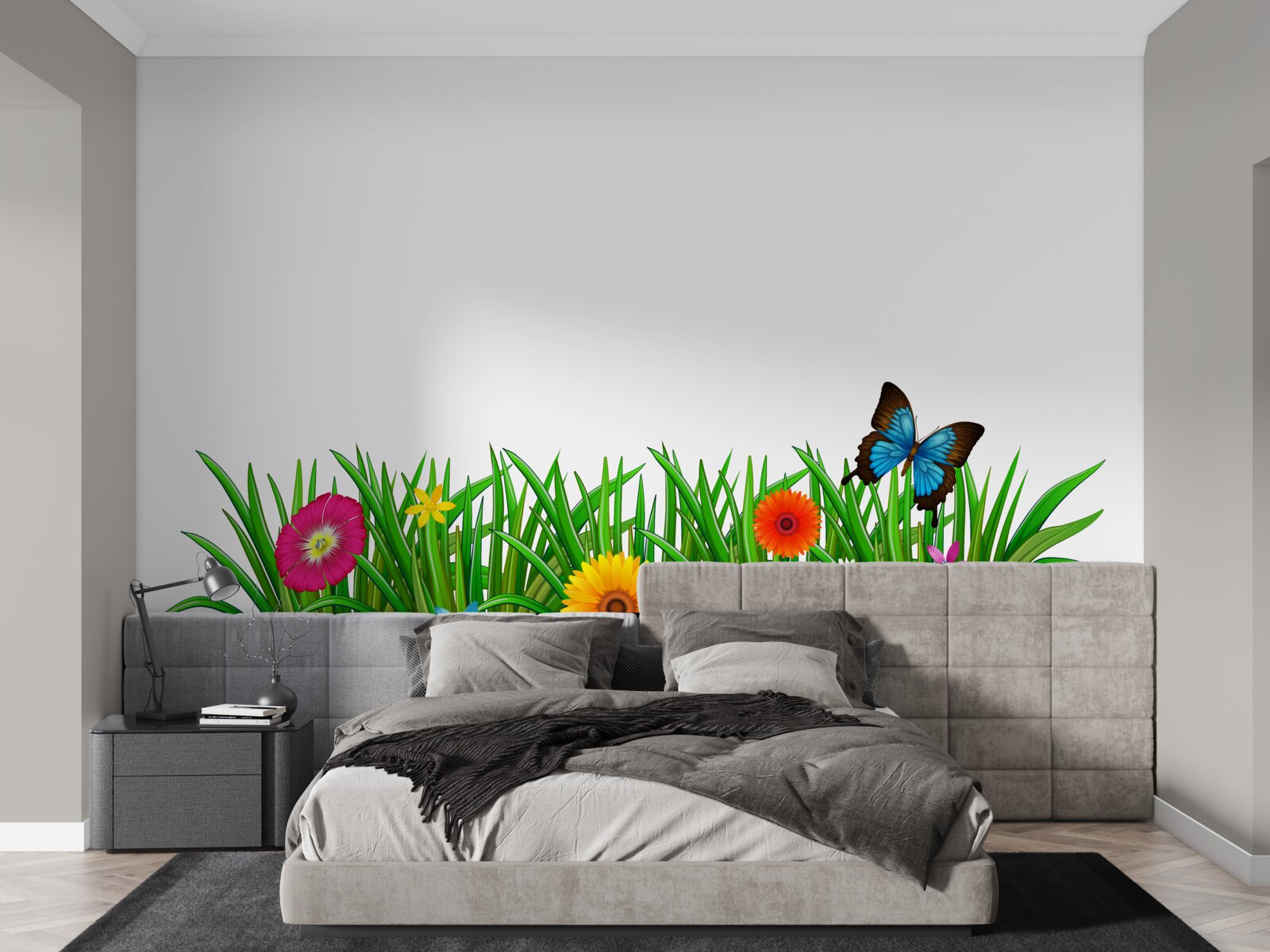 Fototapeta motýľ sedí na tráve s gerberami