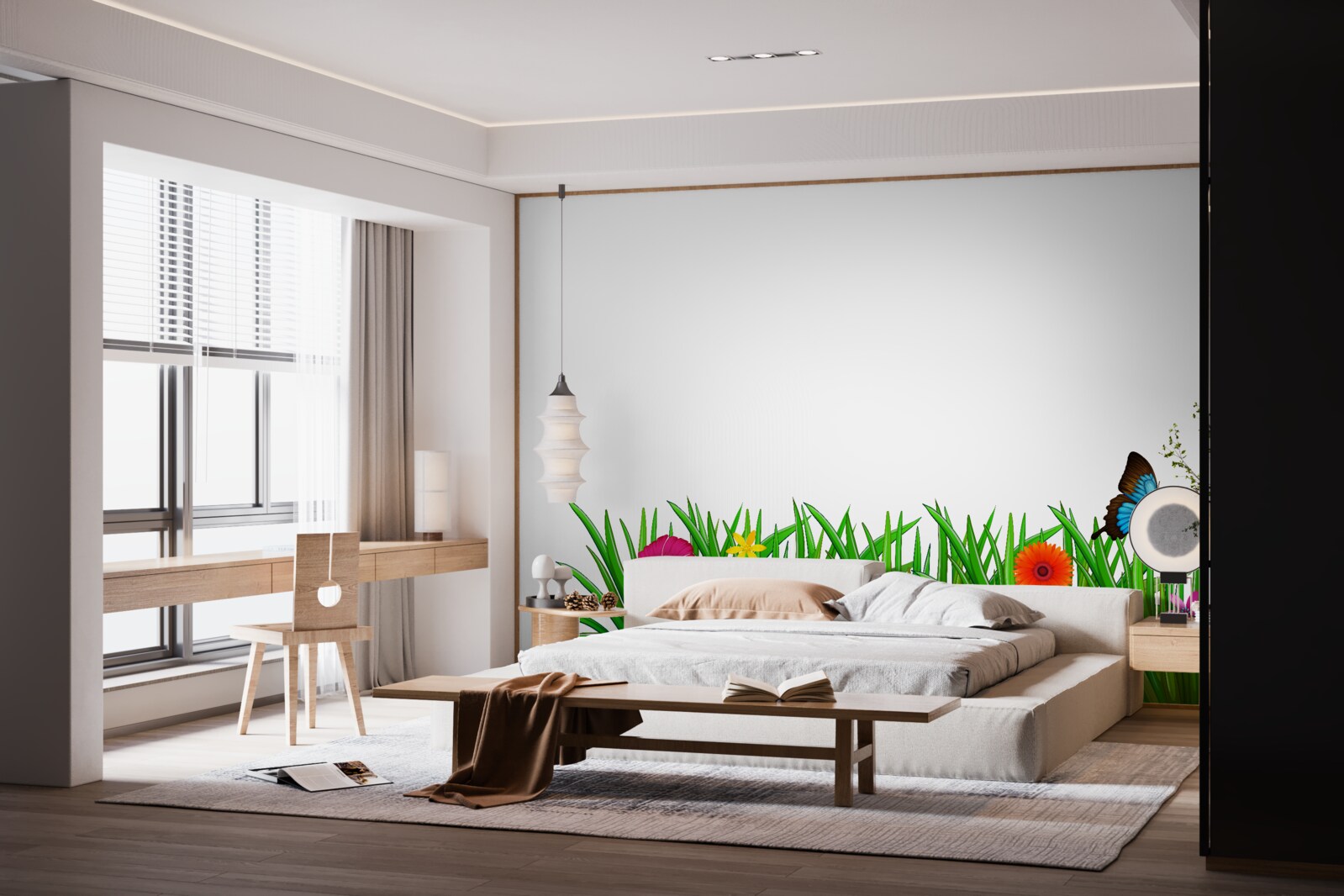 Fototapeta motýľ sedí na tráve s gerberami