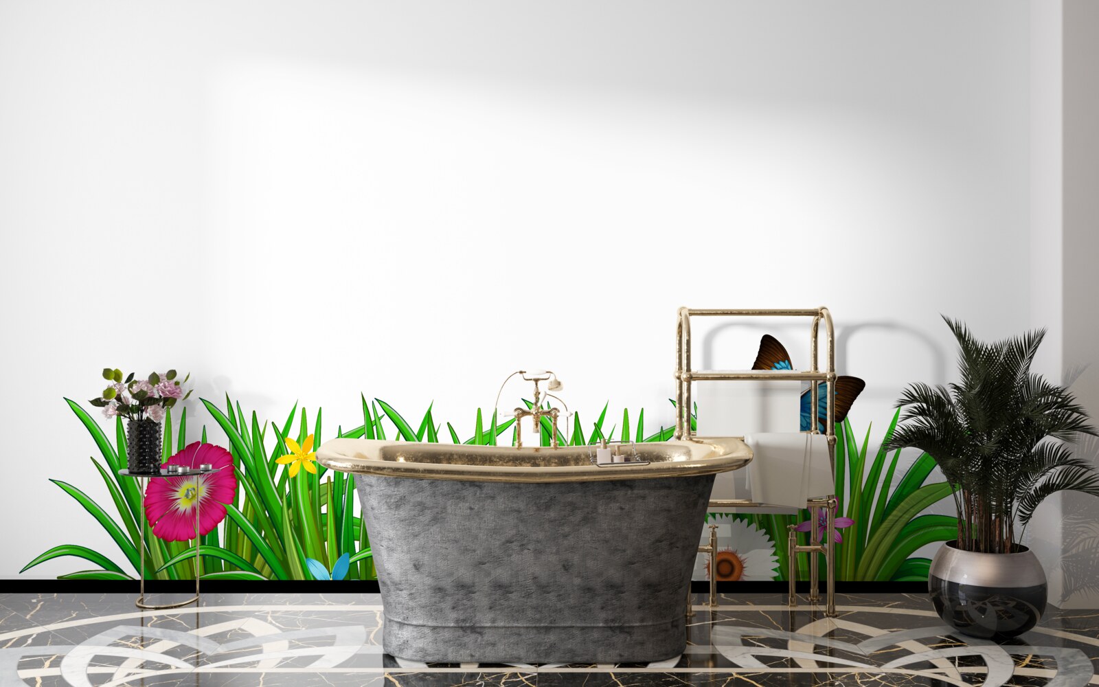 Fototapeta motýľ sedí na tráve s gerberami