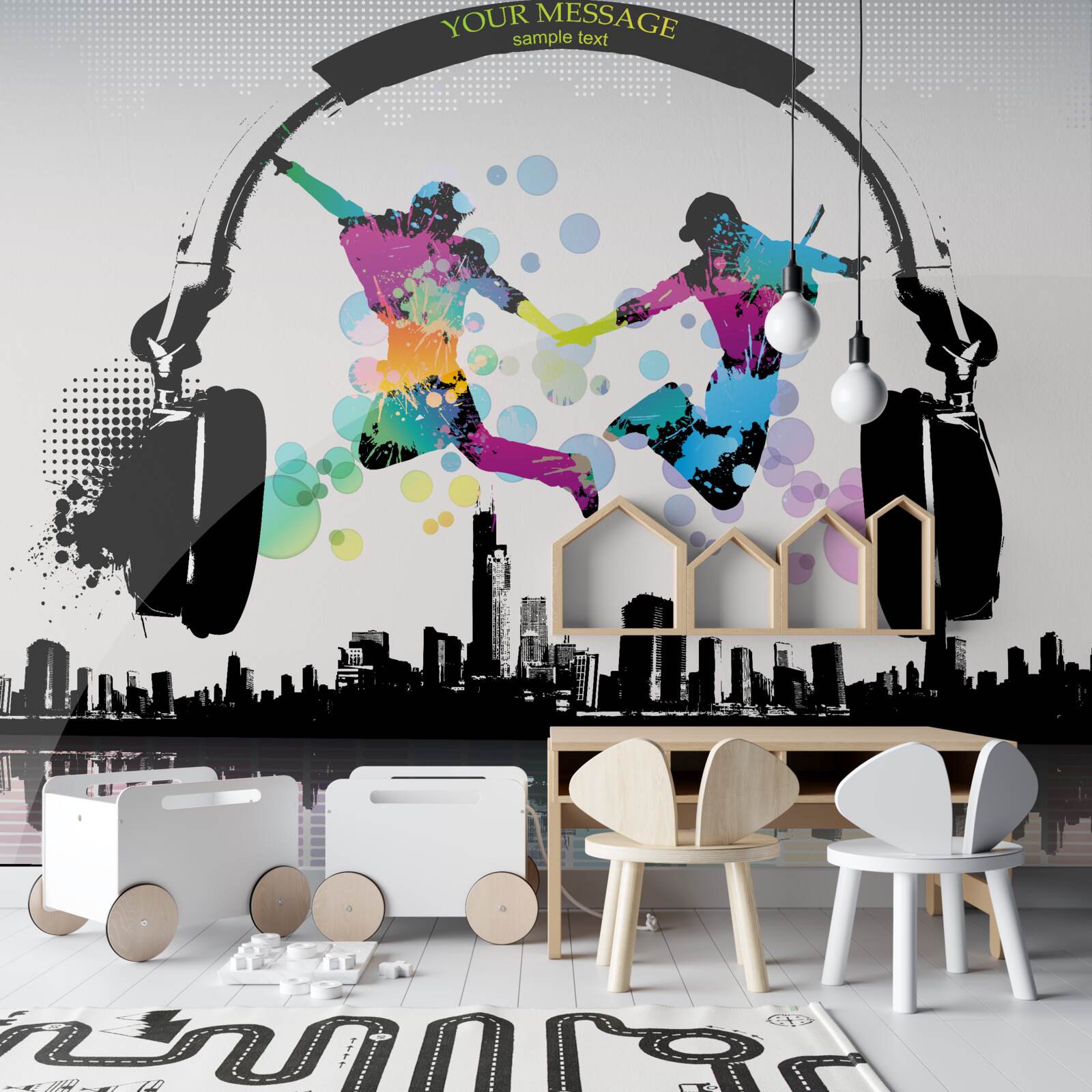 Fototapeta dvaja tanečníci na pozadí abstraktného mesta a slúchadlá