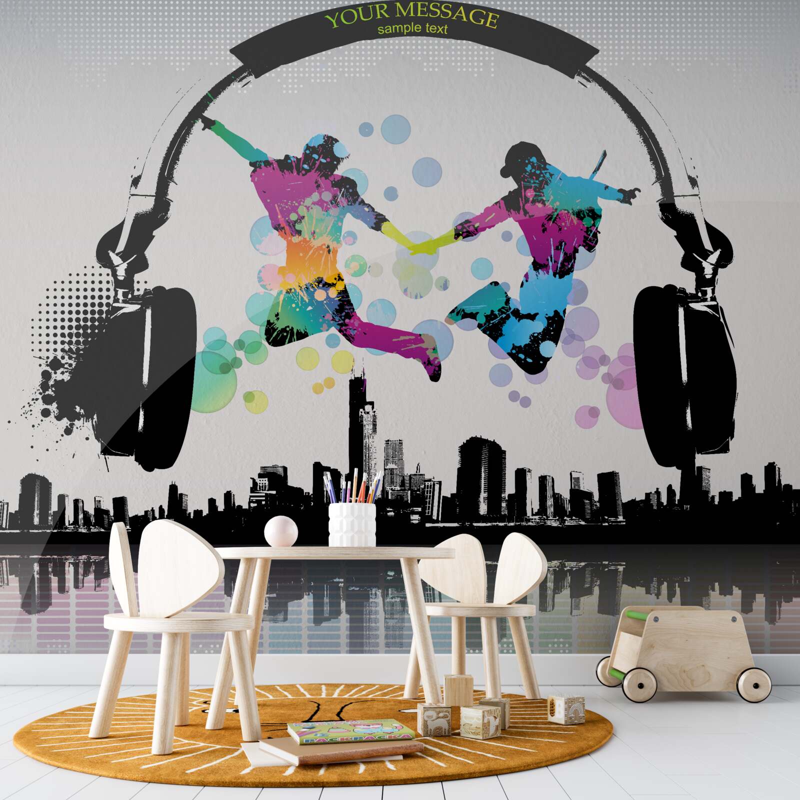 Fototapeta dvaja tanečníci na pozadí abstraktného mesta a slúchadlá