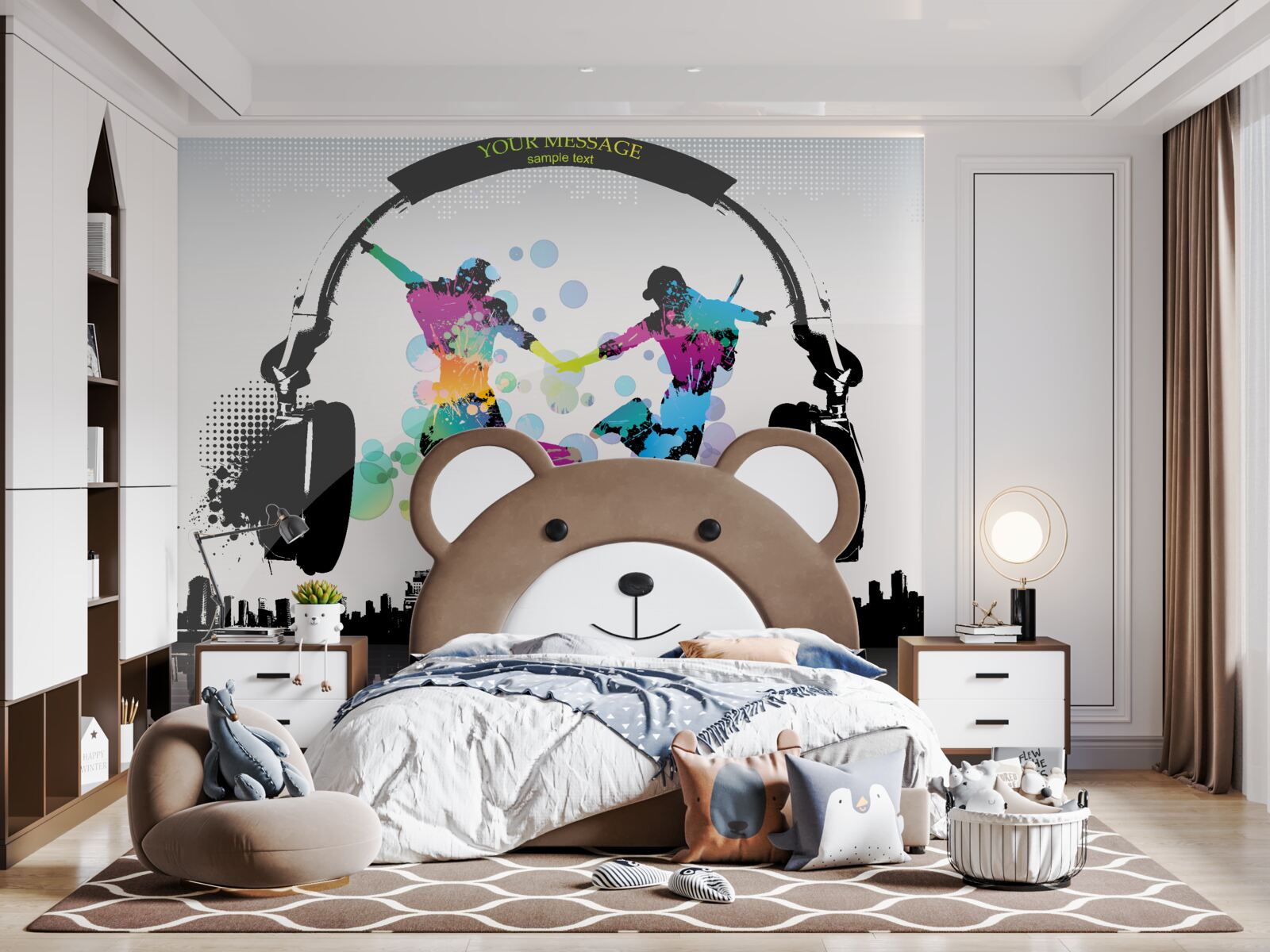 Fototapeta dvaja tanečníci na pozadí abstraktného mesta a slúchadlá