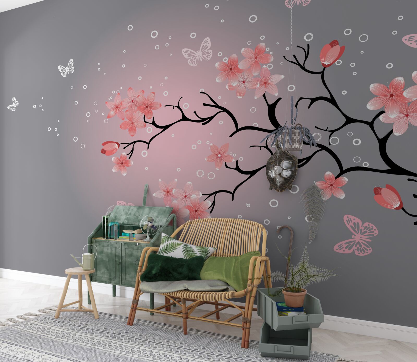 Fototapeta motýle poletujú nad ružovými sakurami