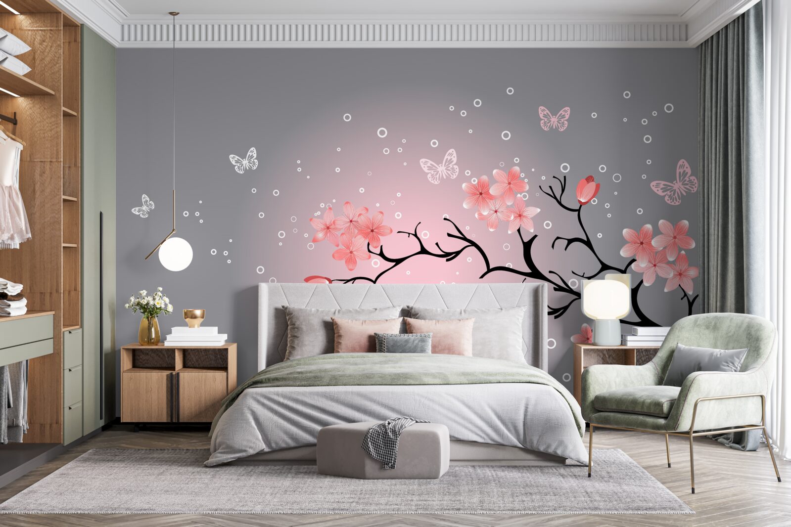 Fototapeta motýle poletujú nad ružovými sakurami