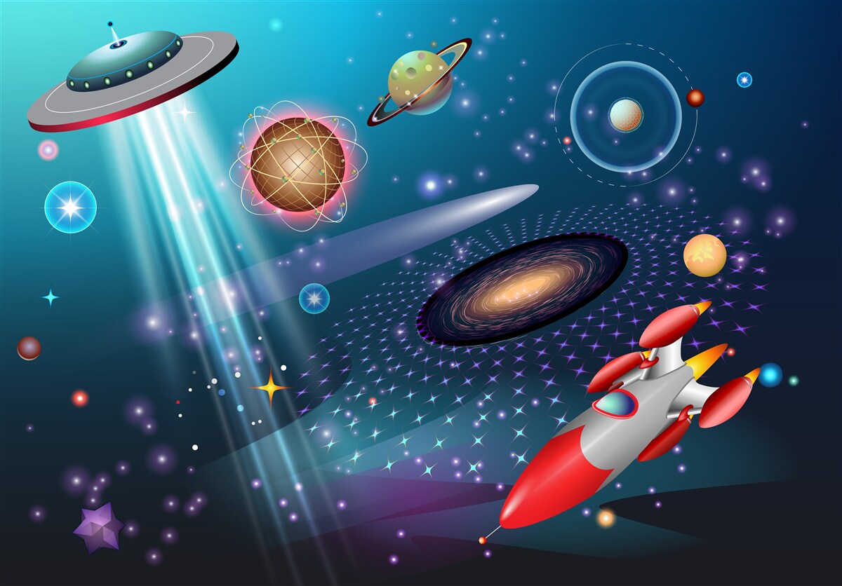 Fototapeta medzi planétami sú raketa a ufo