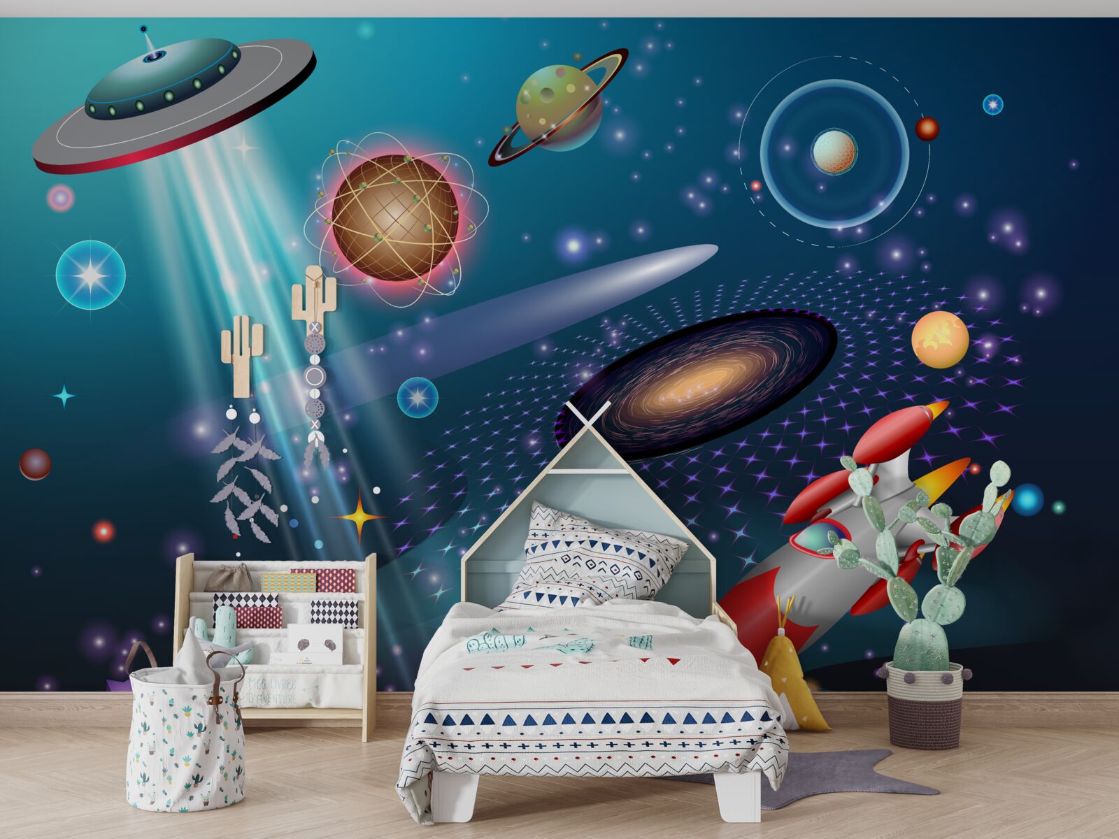 Fototapeta medzi planétami sú raketa a ufo