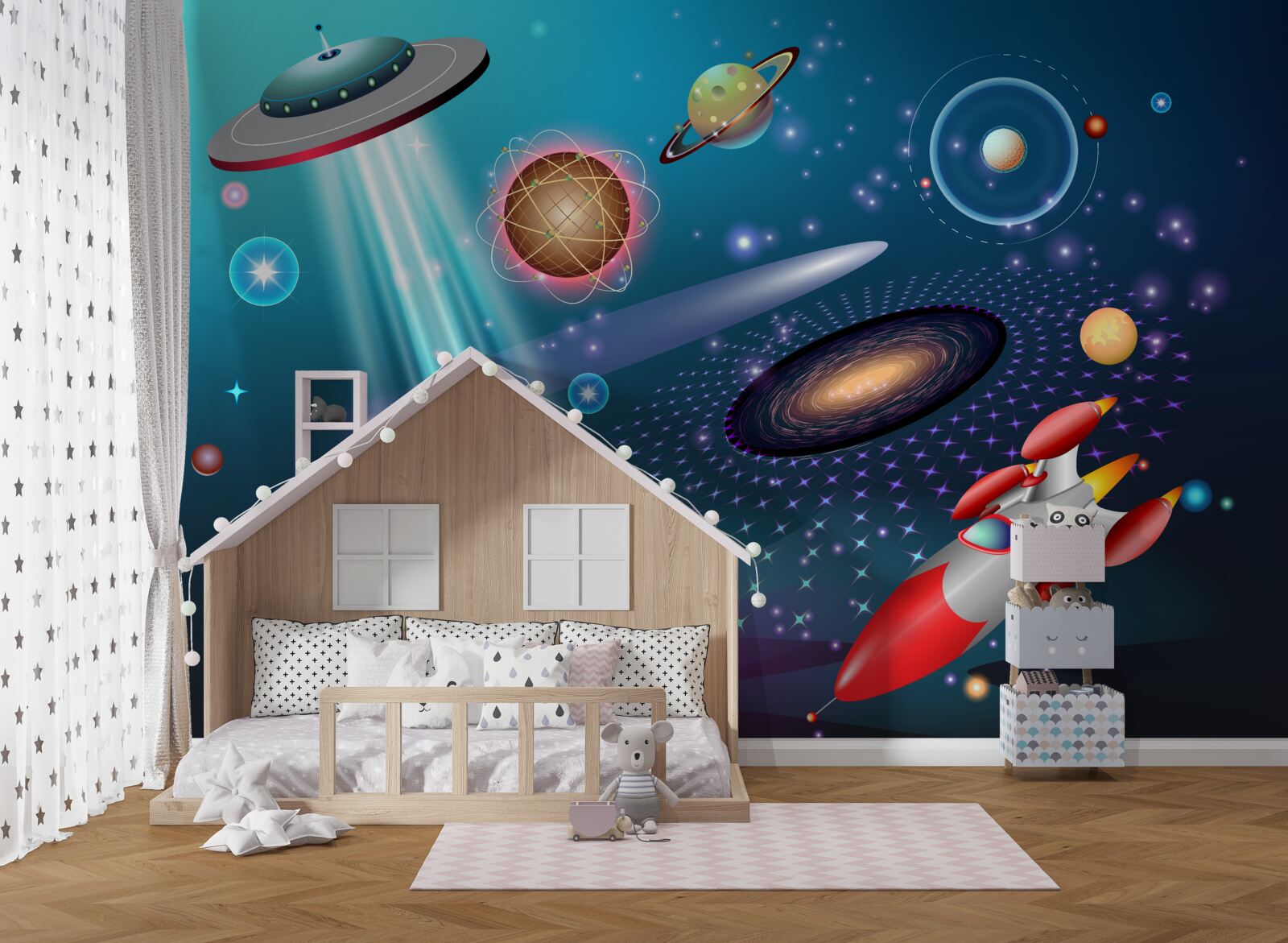 Fototapeta medzi planétami sú raketa a ufo