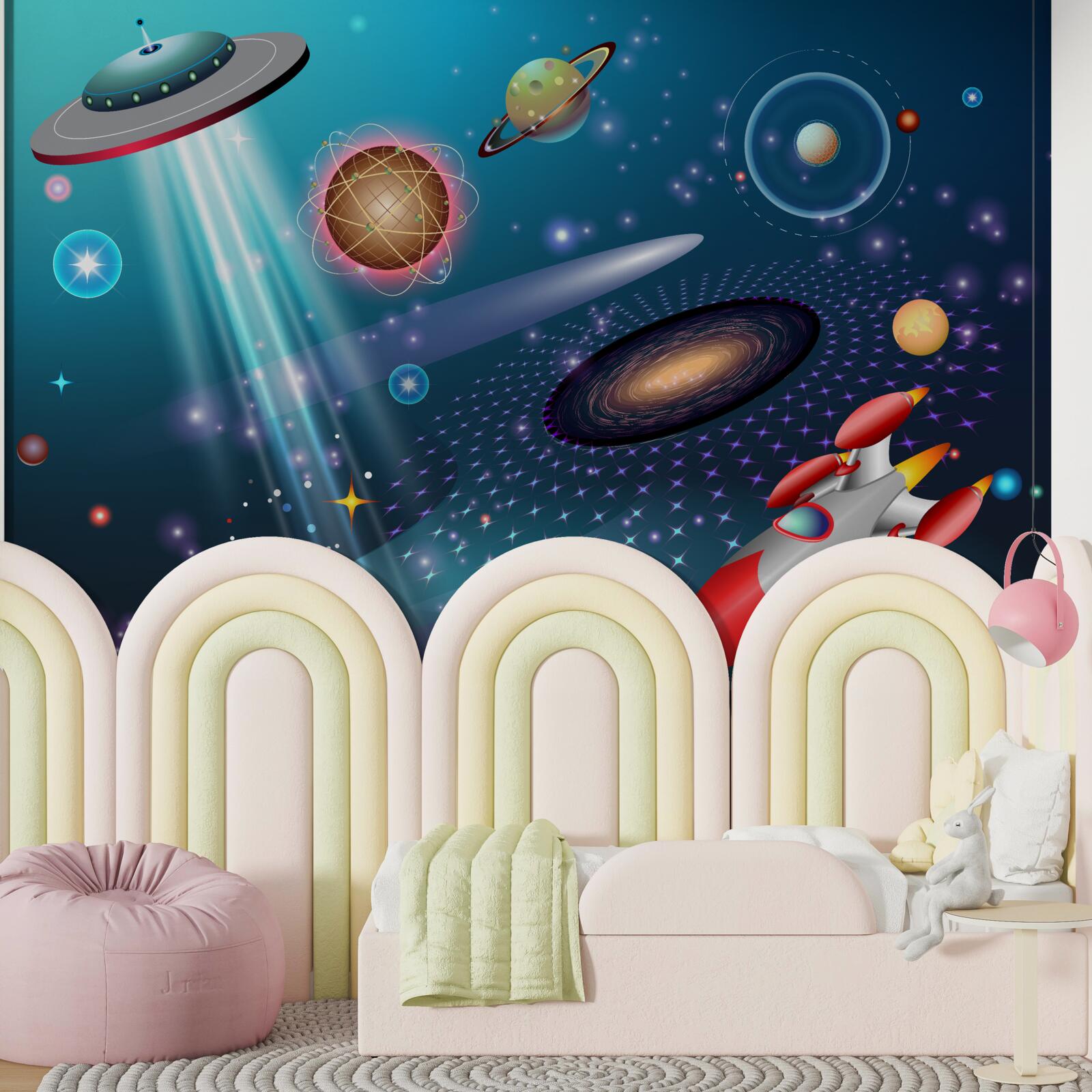 Fototapeta medzi planétami sú raketa a ufo