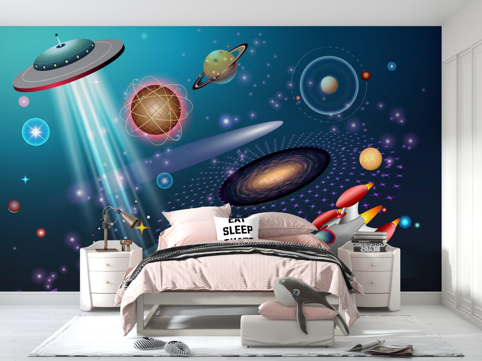 Fototapeta medzi planétami sú raketa a ufo