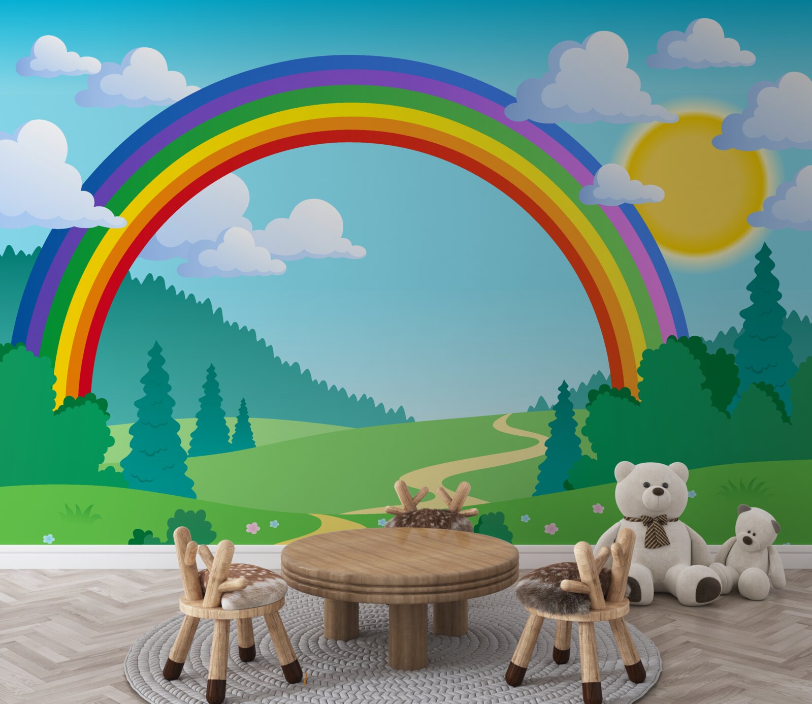 Fototapeta na lesnej čistinke sa trblieta jasná dúha