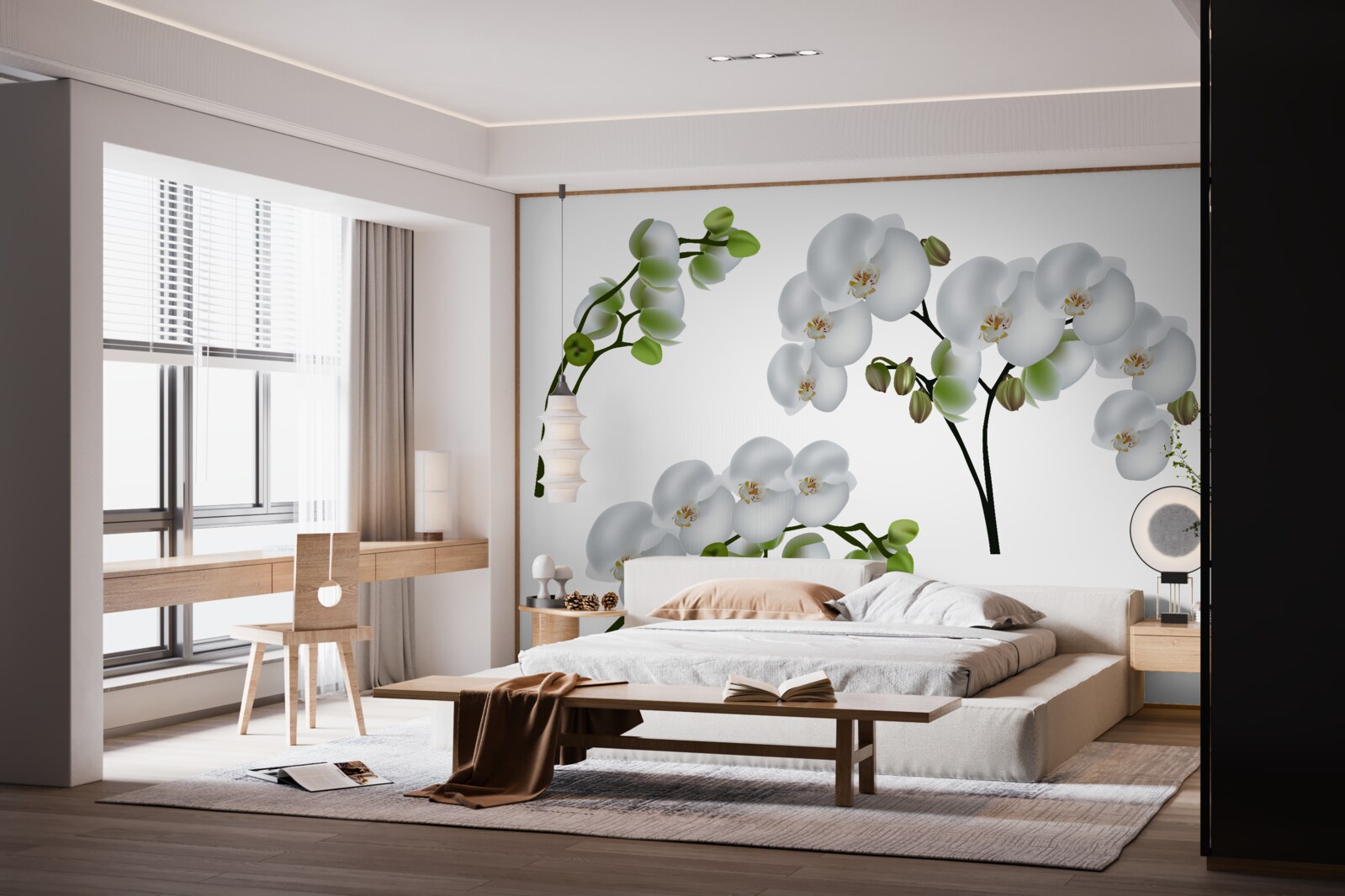 Fototapeta biela orchidea so zelenými listami