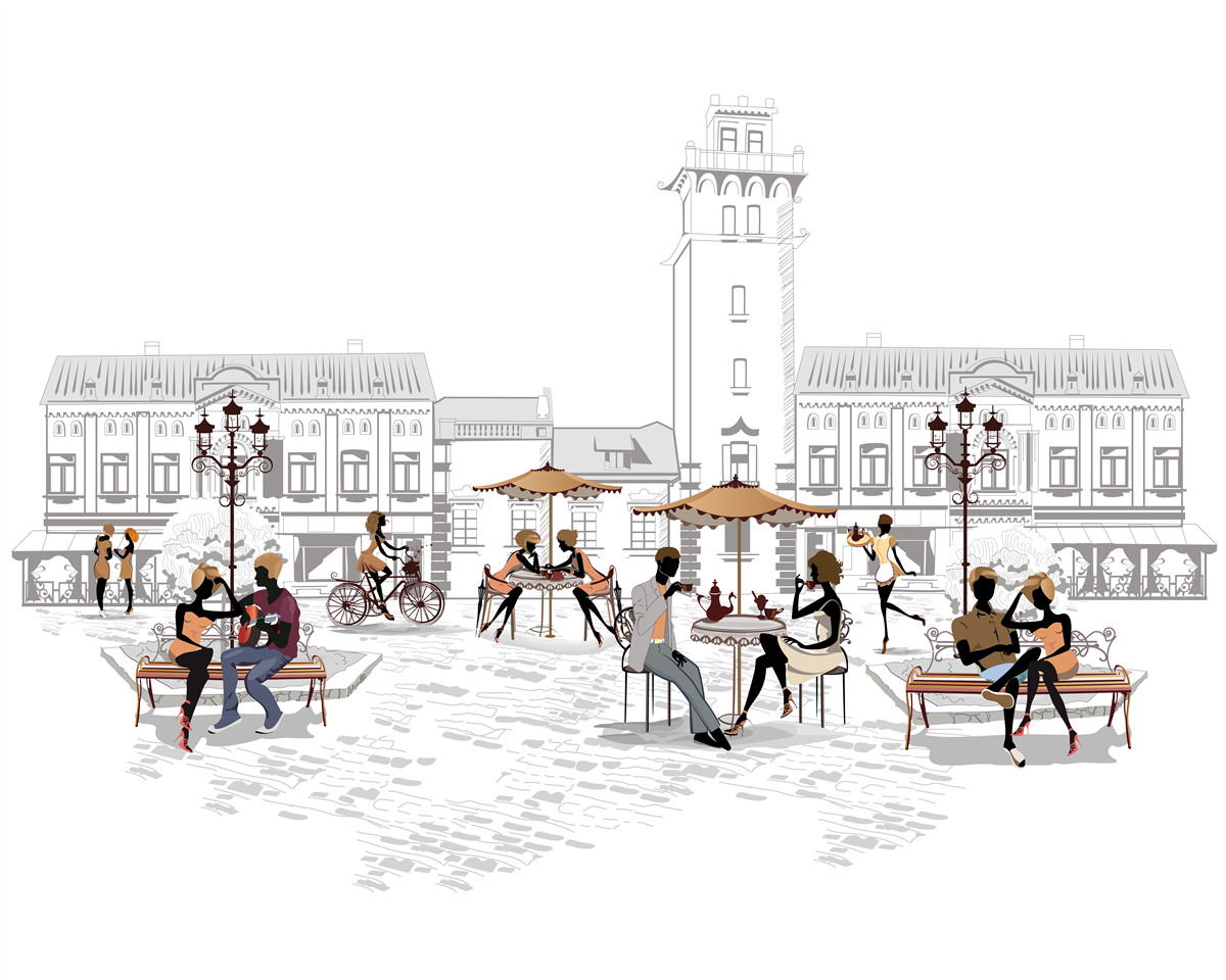 Fototapeta ľudia v centre mesta nakreslení ceruzkou