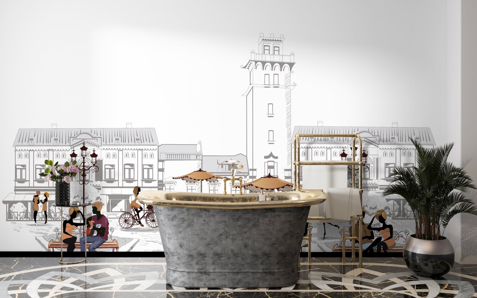 Fototapeta ľudia v centre mesta nakreslení ceruzkou