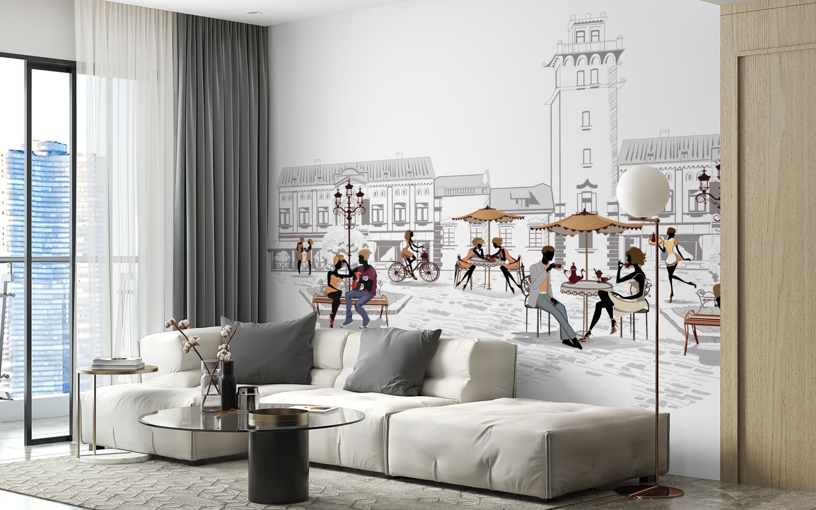 Fototapeta ľudia v centre mesta nakreslení ceruzkou