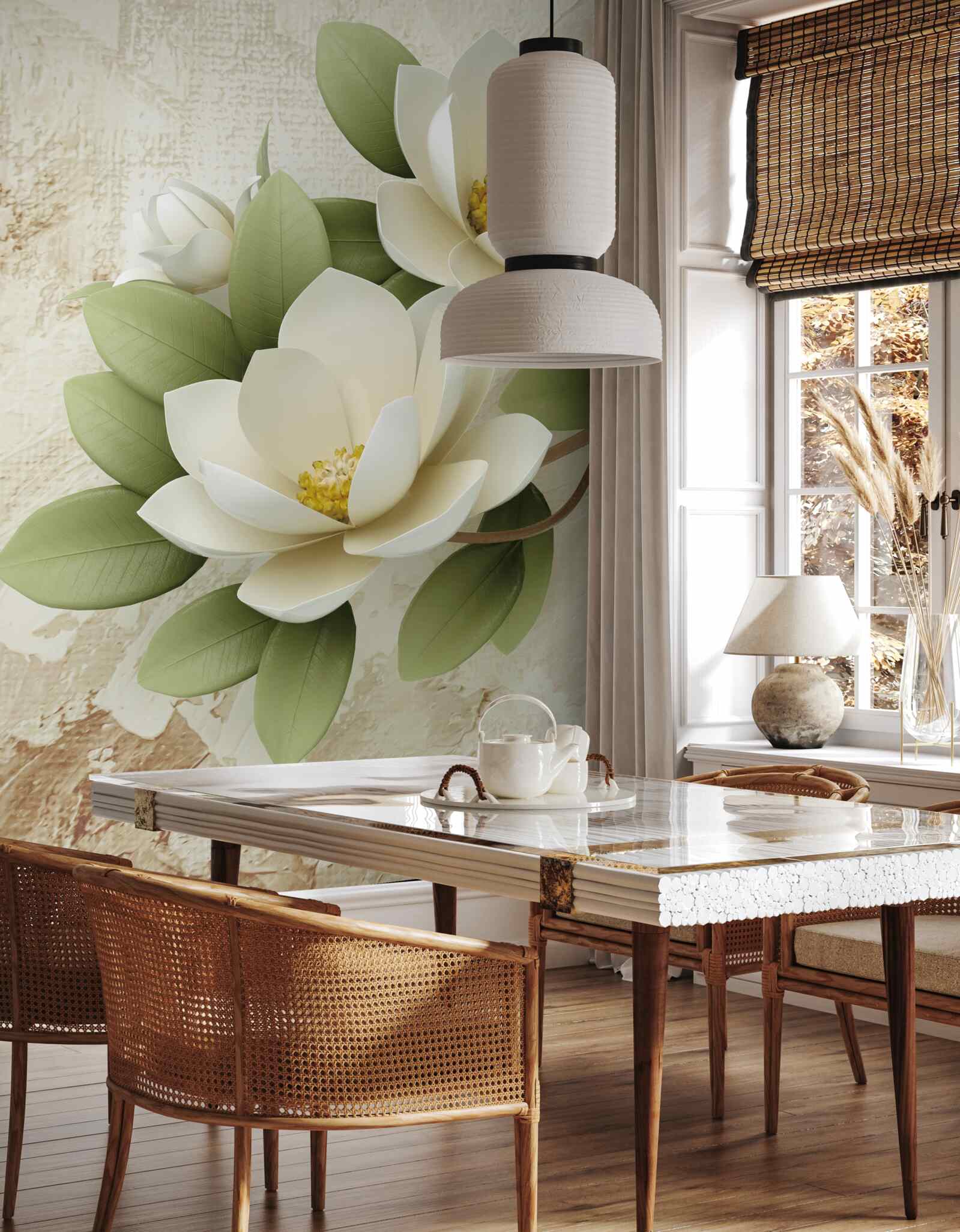 Fototapeta lekno so snehovo bielymi okvetnými lístkami a zelenými listami