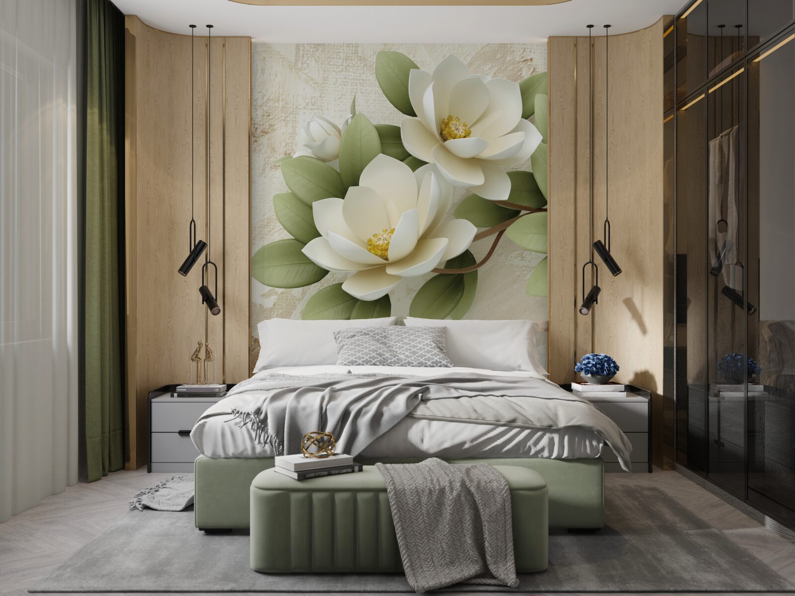 Fototapeta lekno so snehovo bielymi okvetnými lístkami a zelenými listami