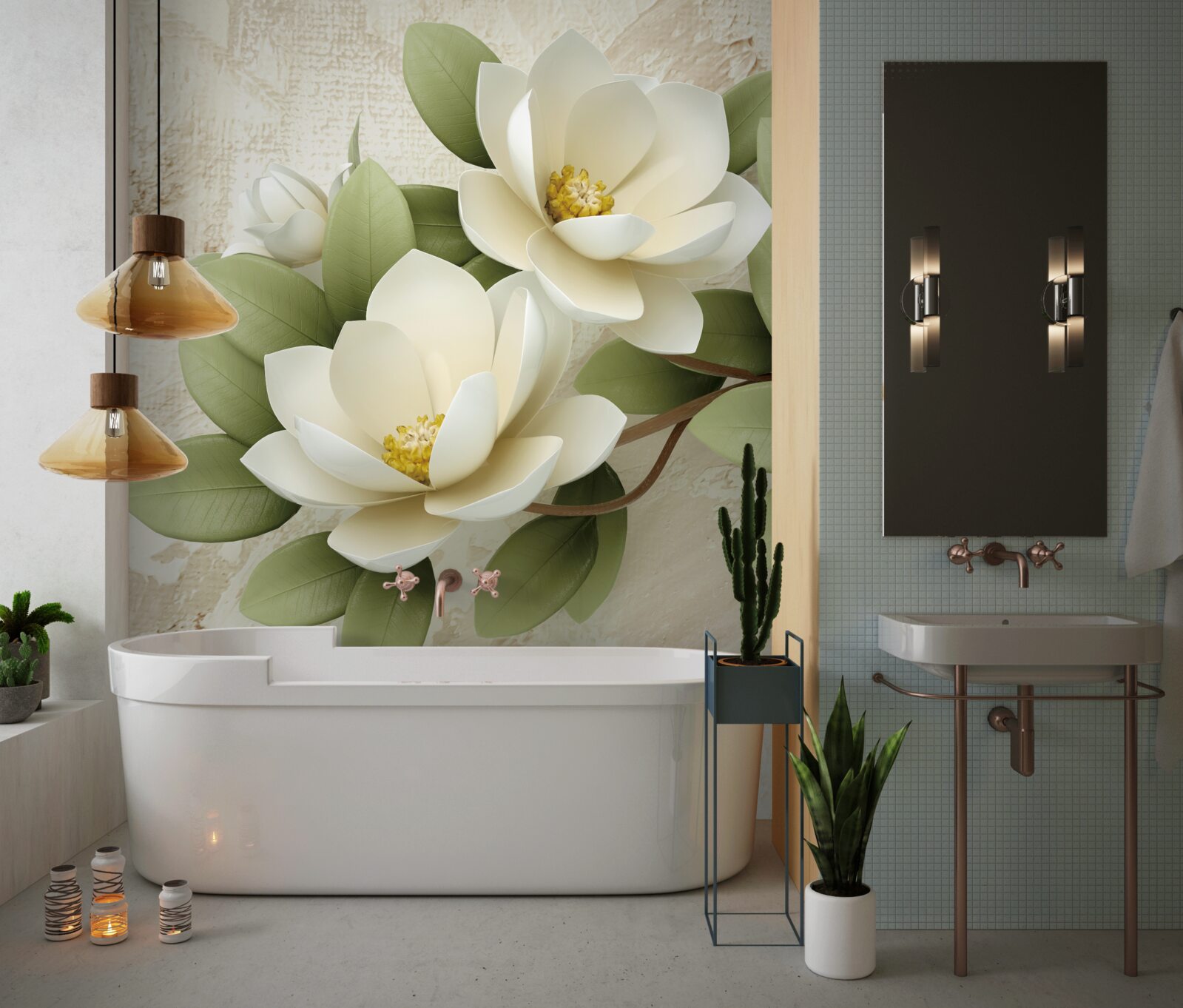 Fototapeta lekno so snehovo bielymi okvetnými lístkami a zelenými listami