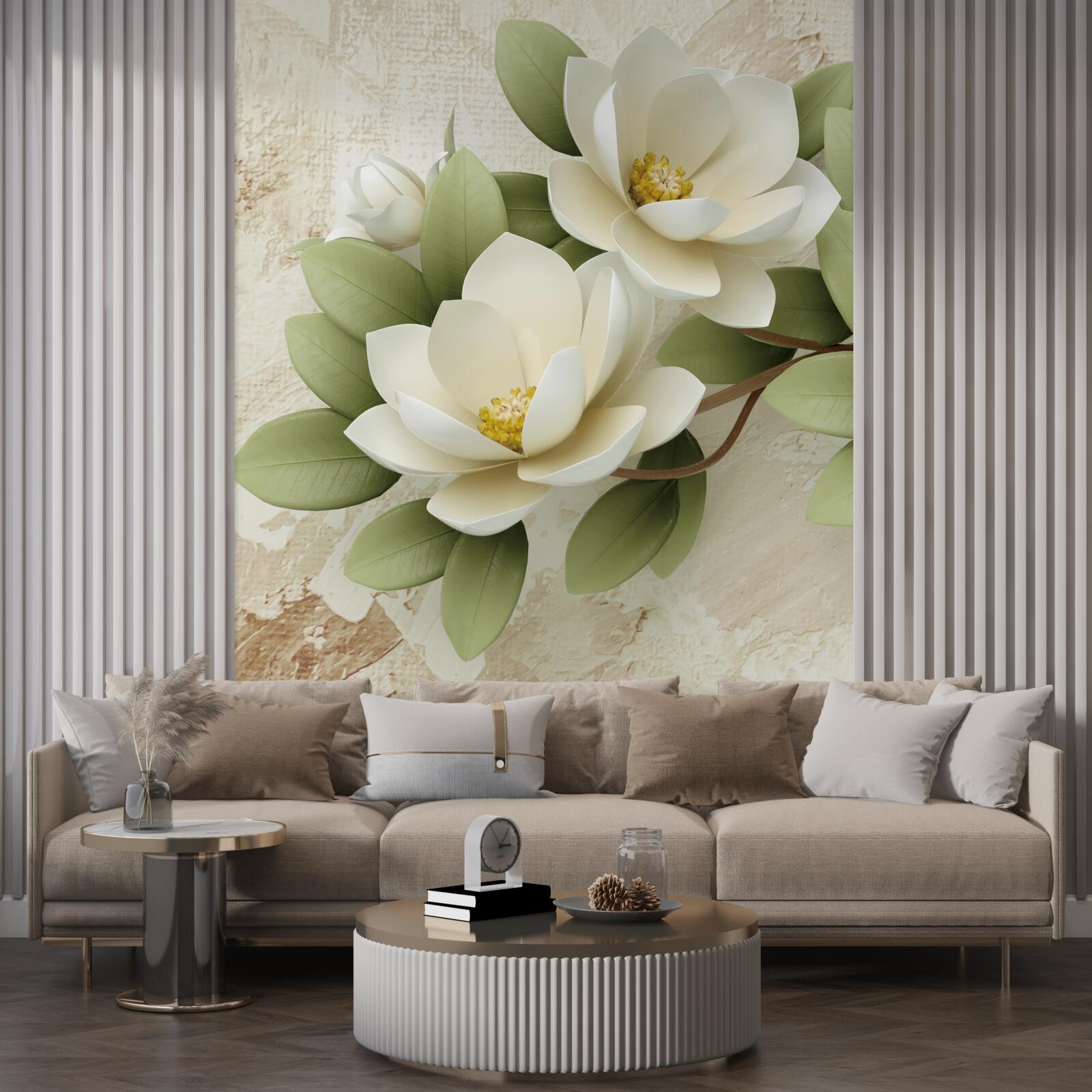 Fototapeta lekno so snehovo bielymi okvetnými lístkami a zelenými listami