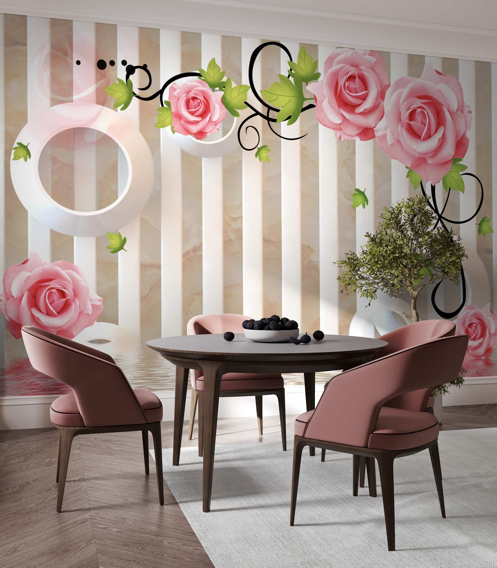 Fototapeta ruža s ružovými lístkami a zelenými listami pri vode