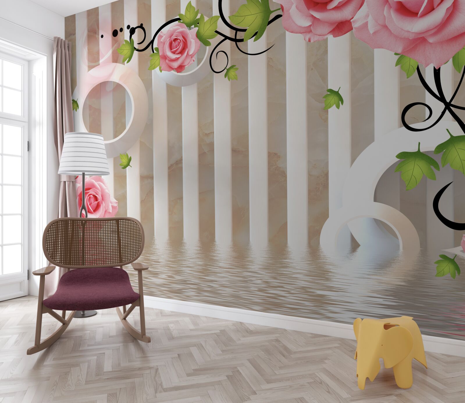 Fototapeta ruža s ružovými lístkami a zelenými listami pri vode