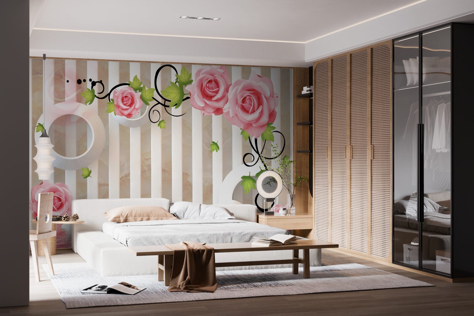 Fototapeta ruža s ružovými lístkami a zelenými listami pri vode