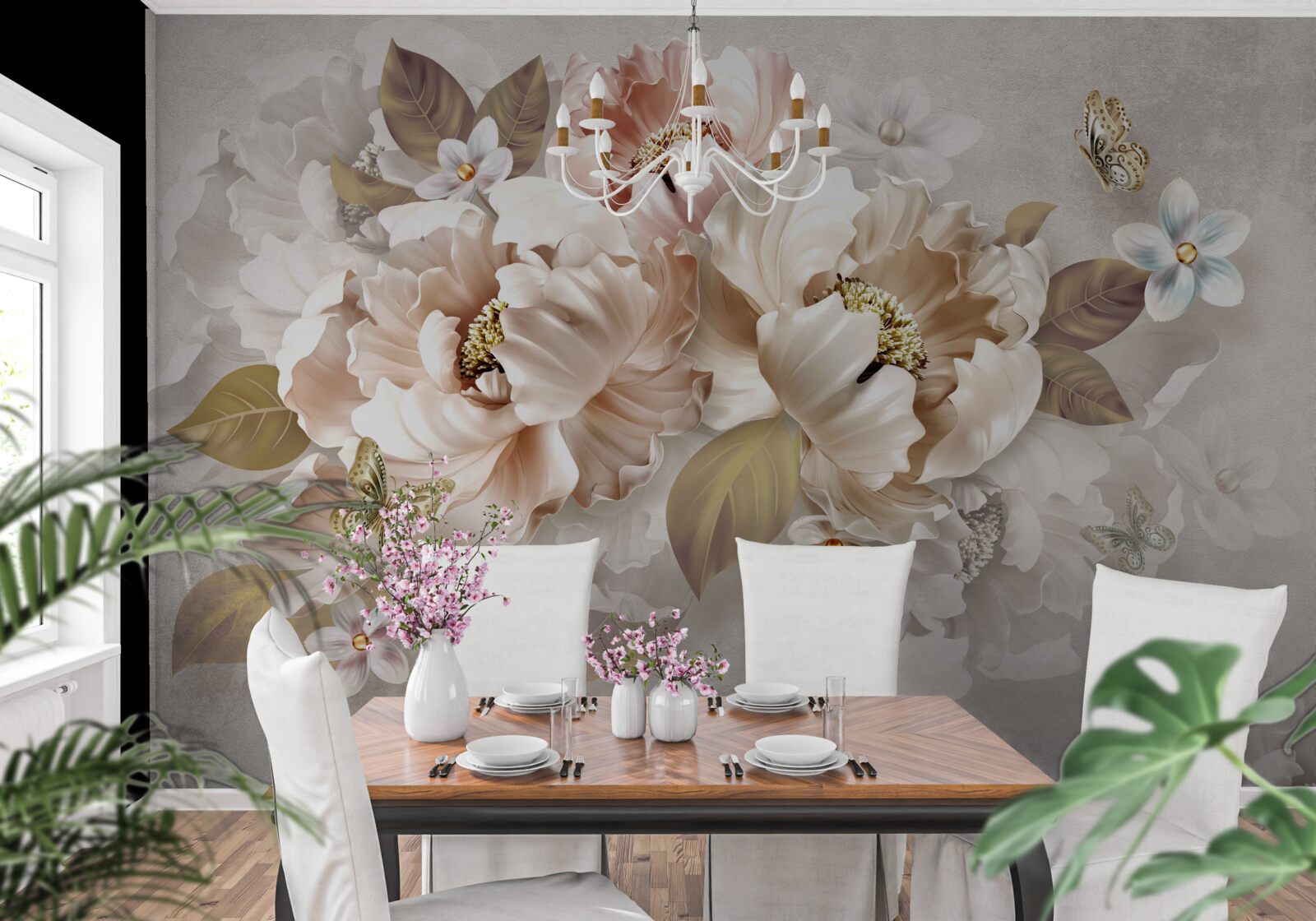 Fototapeta akvarelové kvetinové aranžmány na svetlosivom podklade