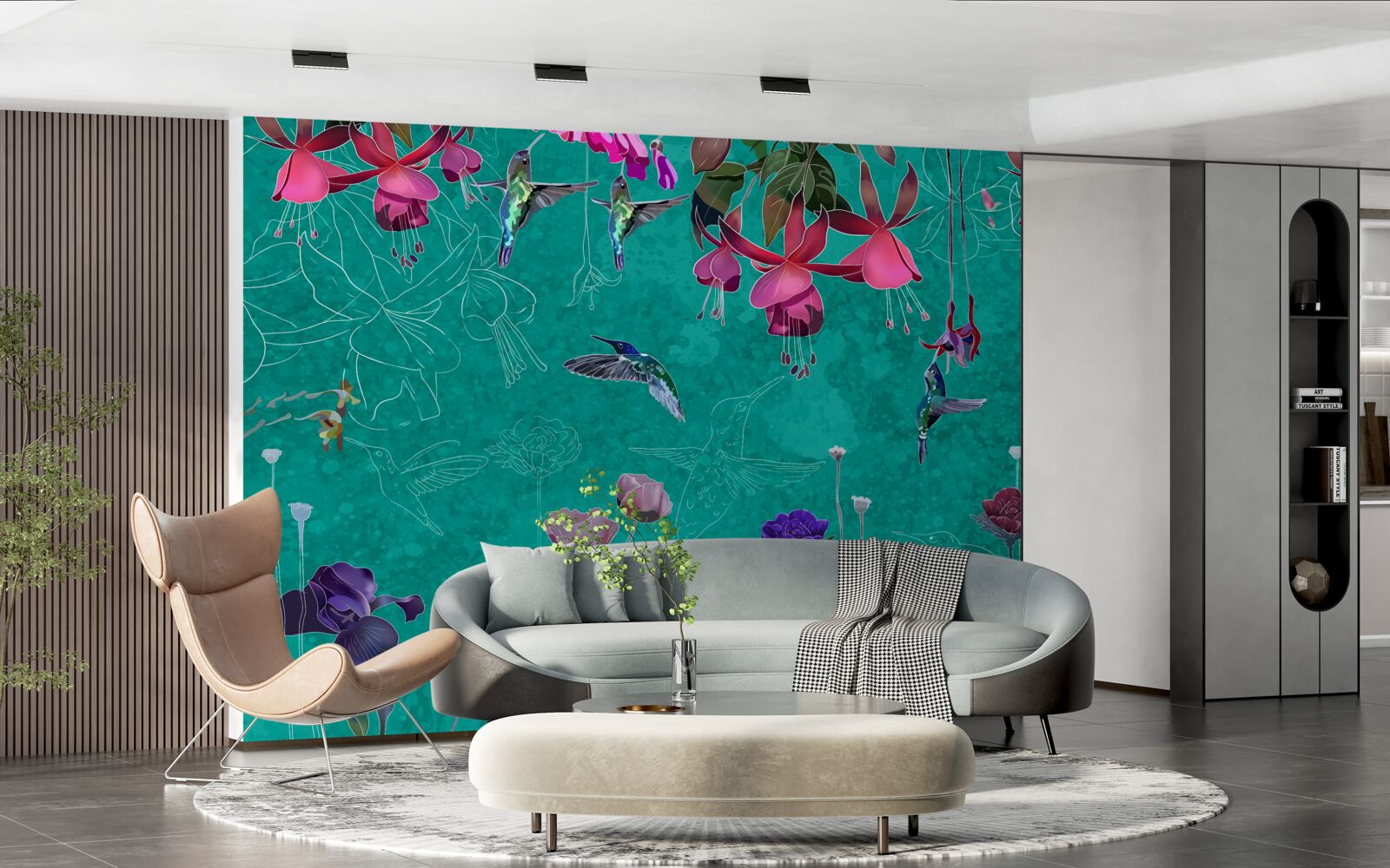 Fototapeta Na pozadí nočnej oblohy sa tulipány sfarbujú do ružova a žiaria púpavy