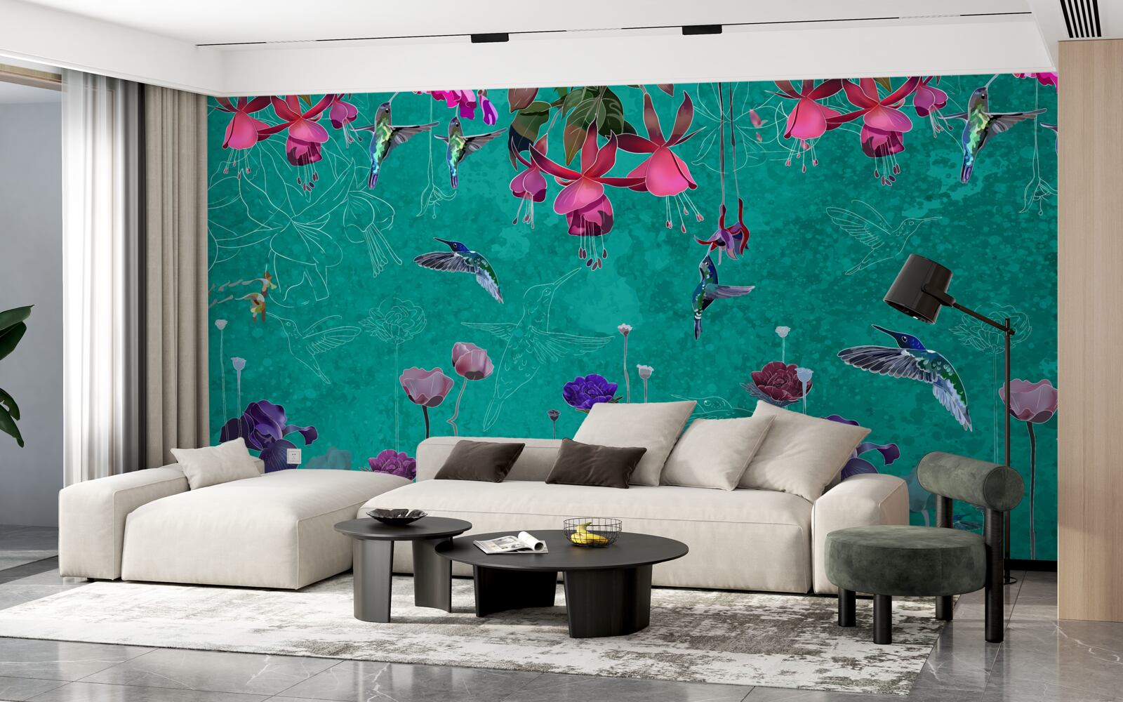 Fototapeta Na pozadí nočnej oblohy sa tulipány sfarbujú do ružova a žiaria púpavy