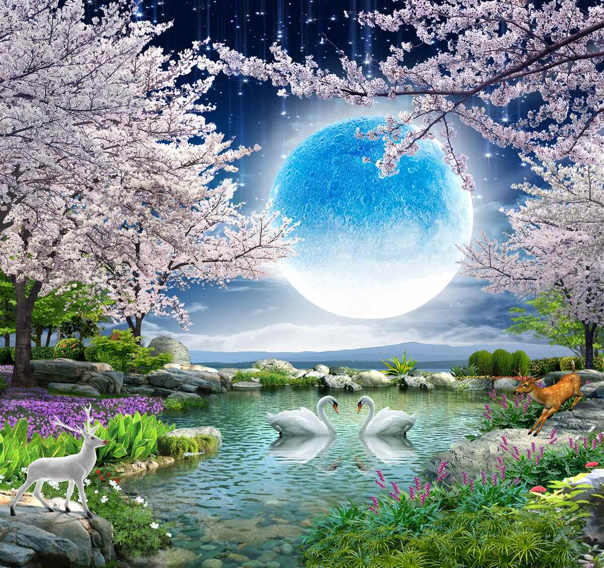 Fototapeta abstraktný modrý mesiac na pozadí jazera s čerešňovými kvetmi