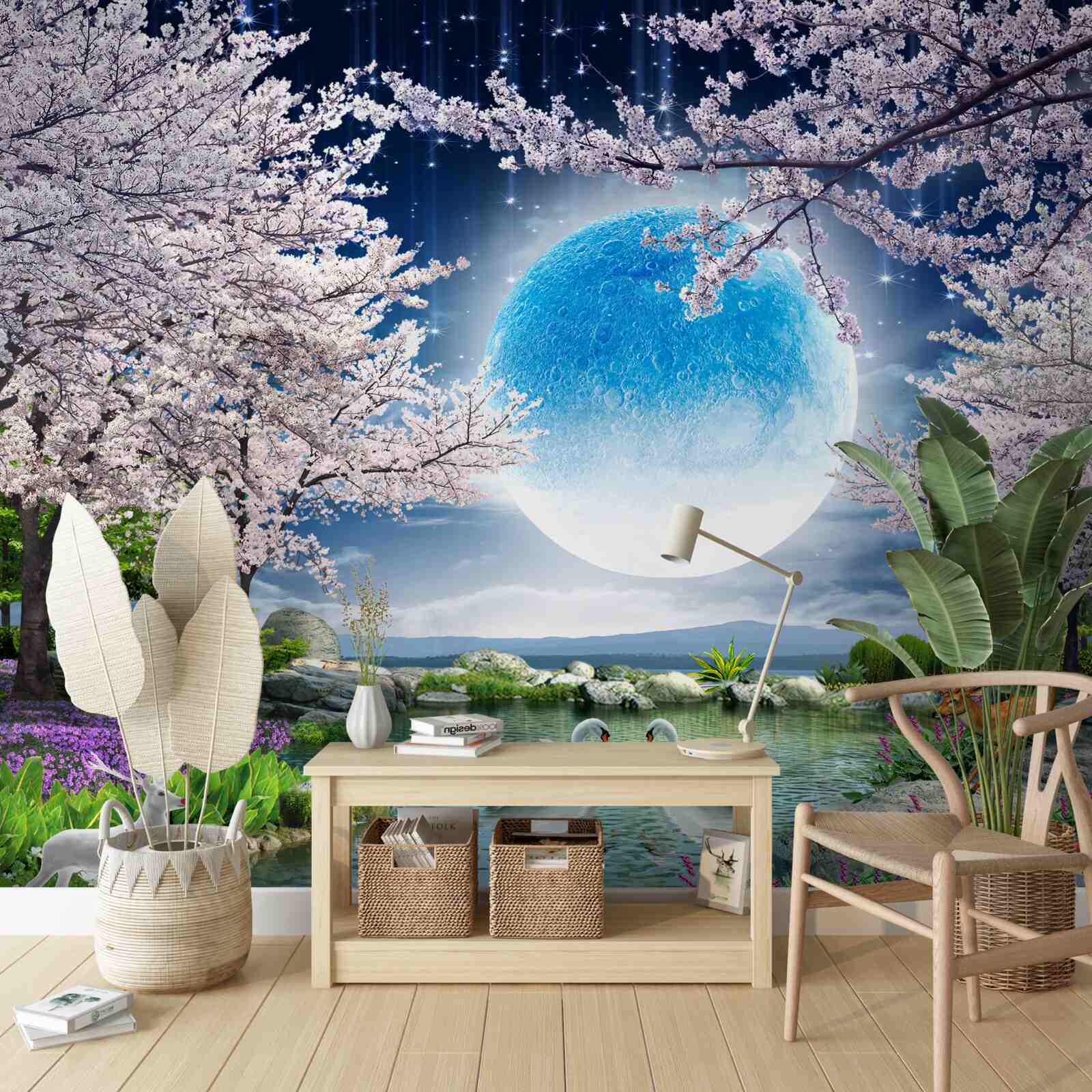 Fototapeta abstraktný modrý mesiac na pozadí jazera s čerešňovými kvetmi