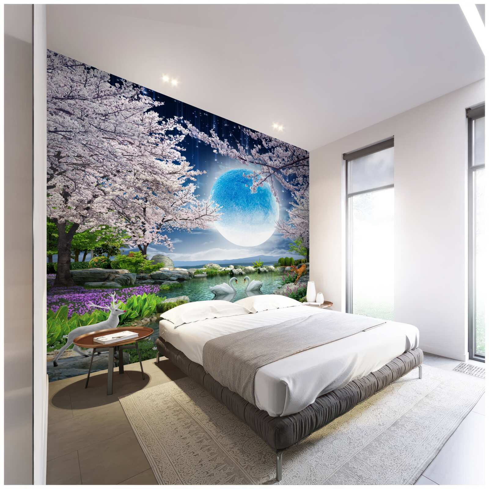 Fototapeta abstraktný modrý mesiac na pozadí jazera s čerešňovými kvetmi