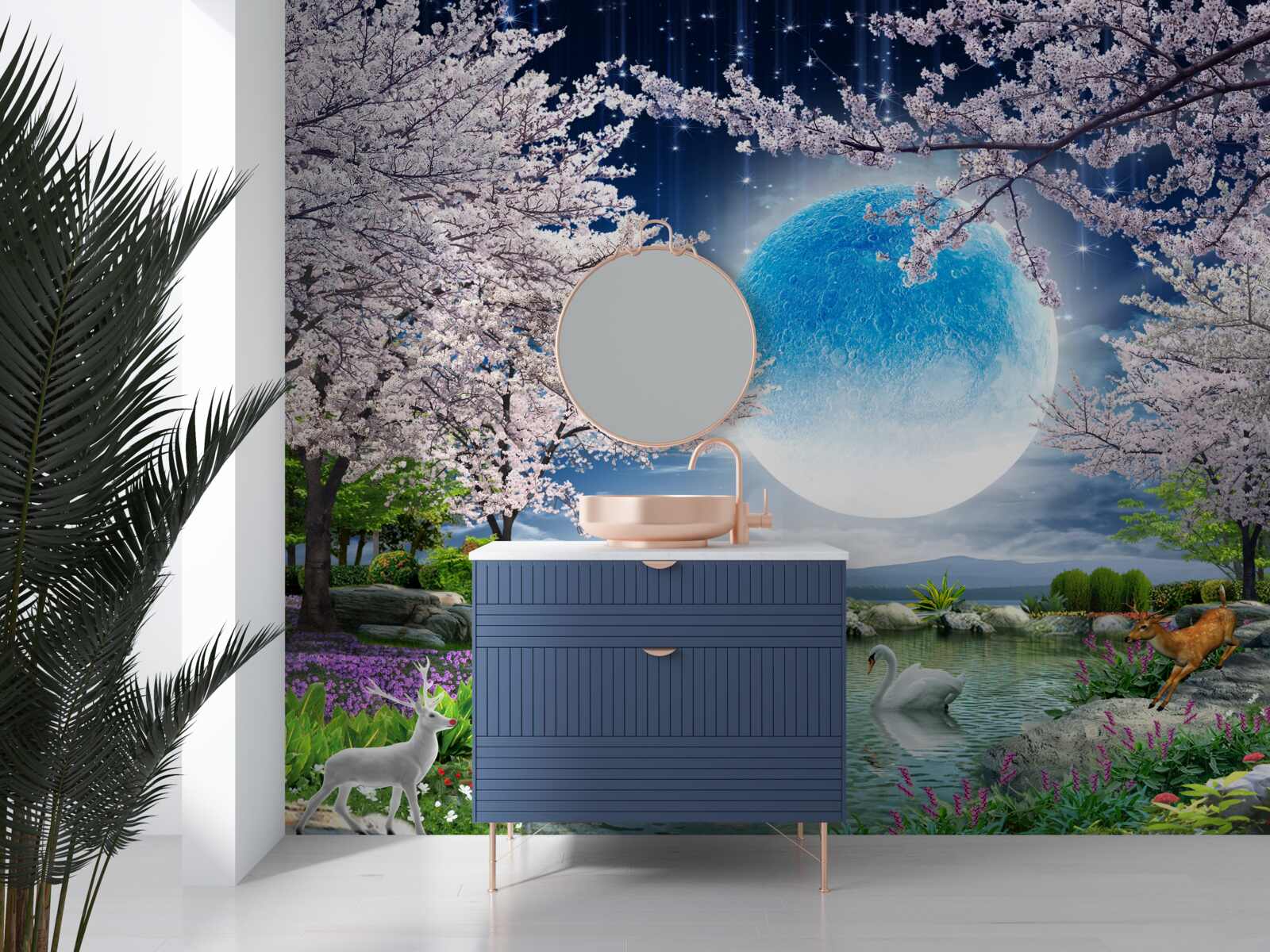 Fototapeta abstraktný modrý mesiac na pozadí jazera s čerešňovými kvetmi