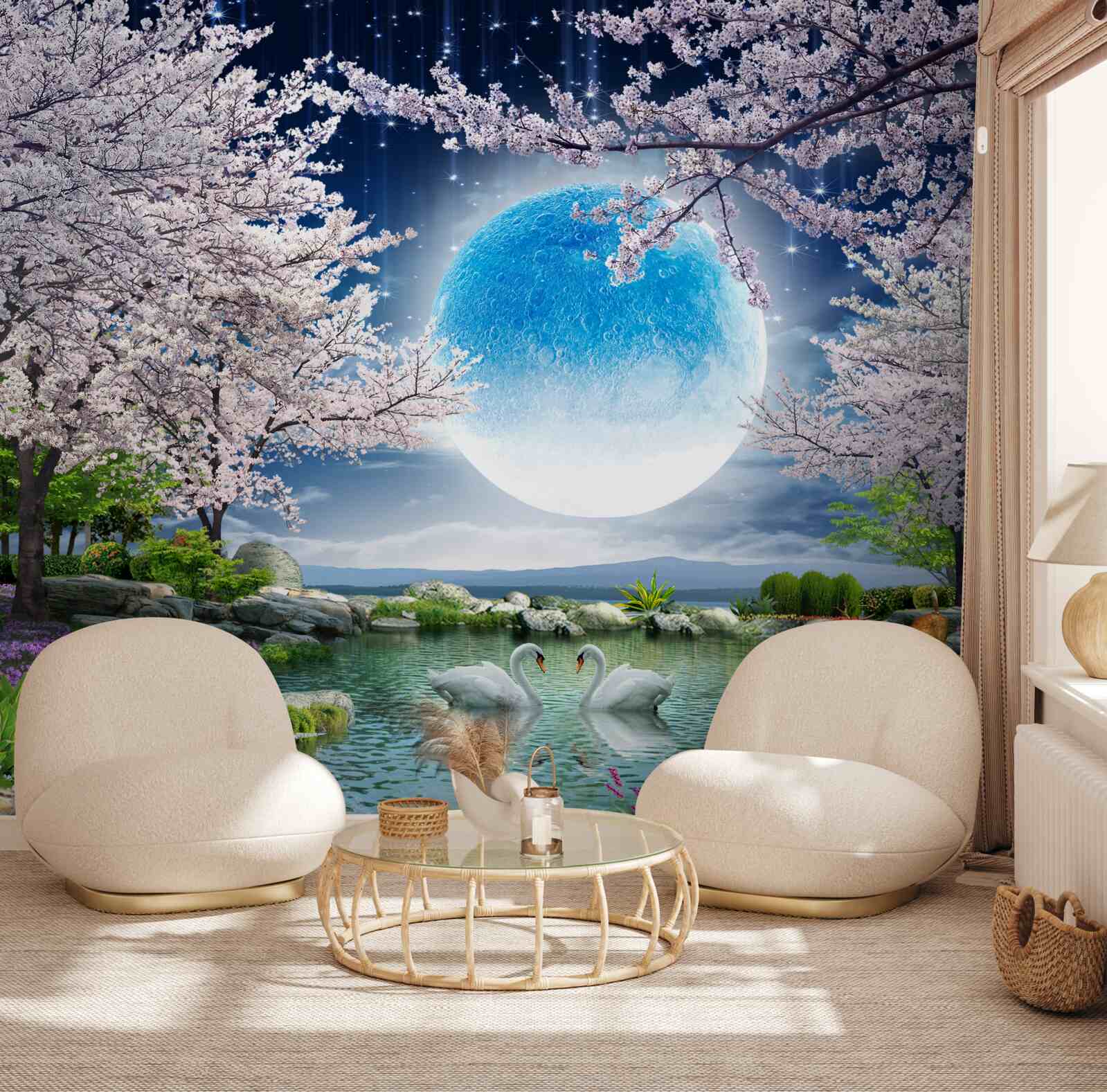 Fototapeta abstraktný modrý mesiac na pozadí jazera s čerešňovými kvetmi