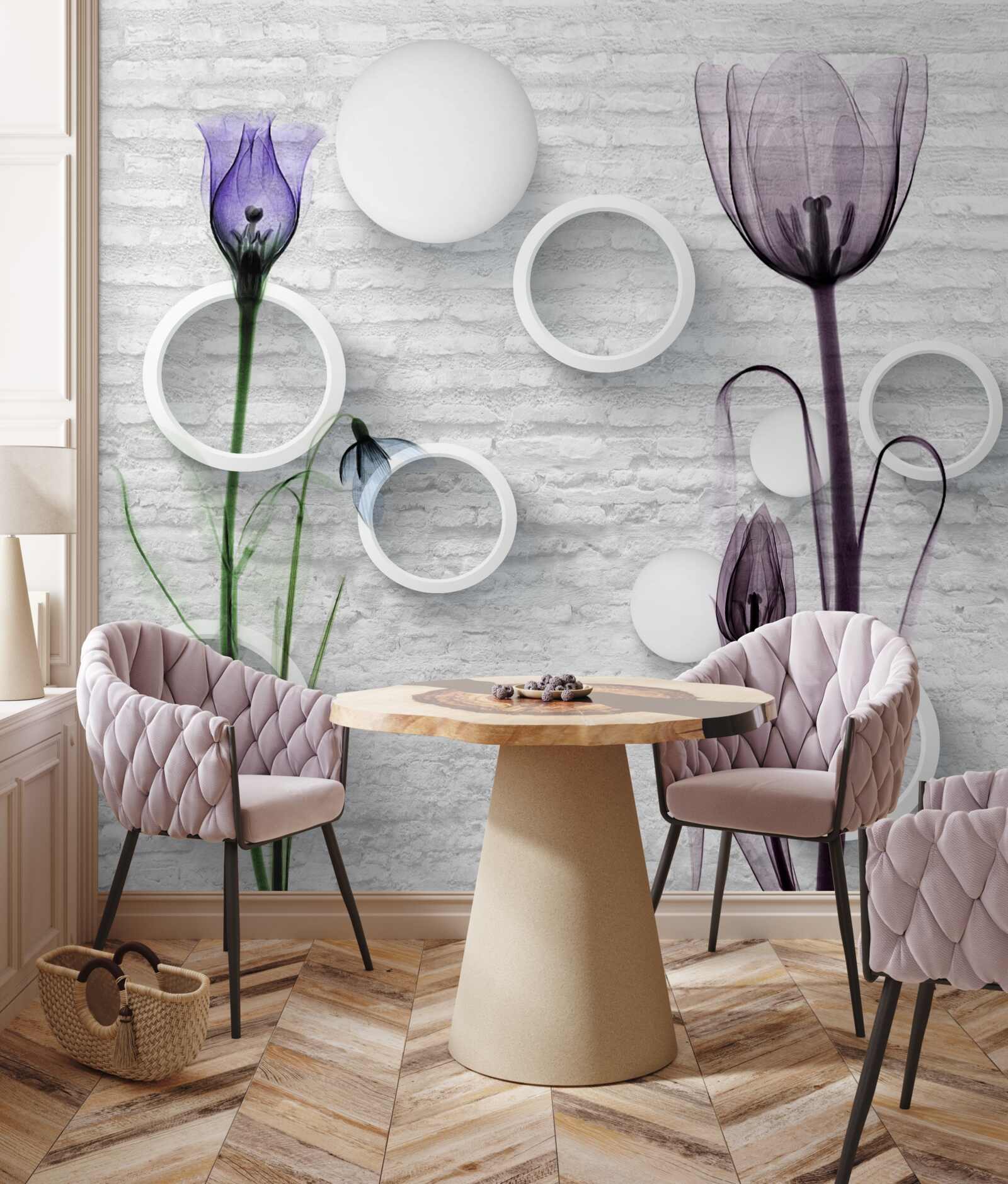 Fototapeta rafinované púčiky na vetvách a kruhoch s prísnymi tvarmi