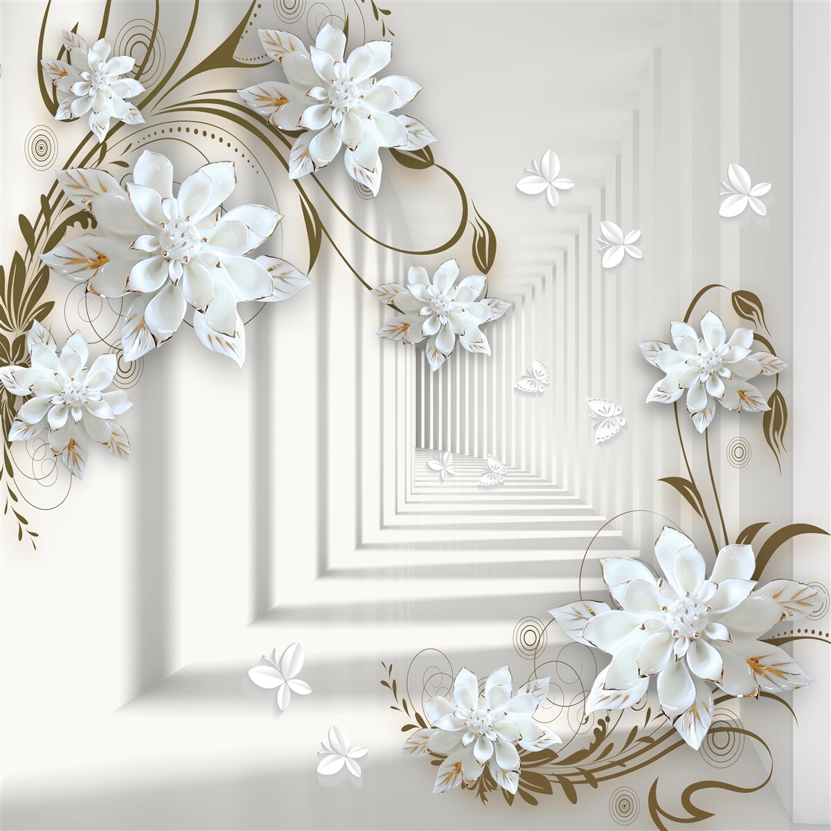 Fototapeta biele lotosové kvety a tunel miznúci v diaľke