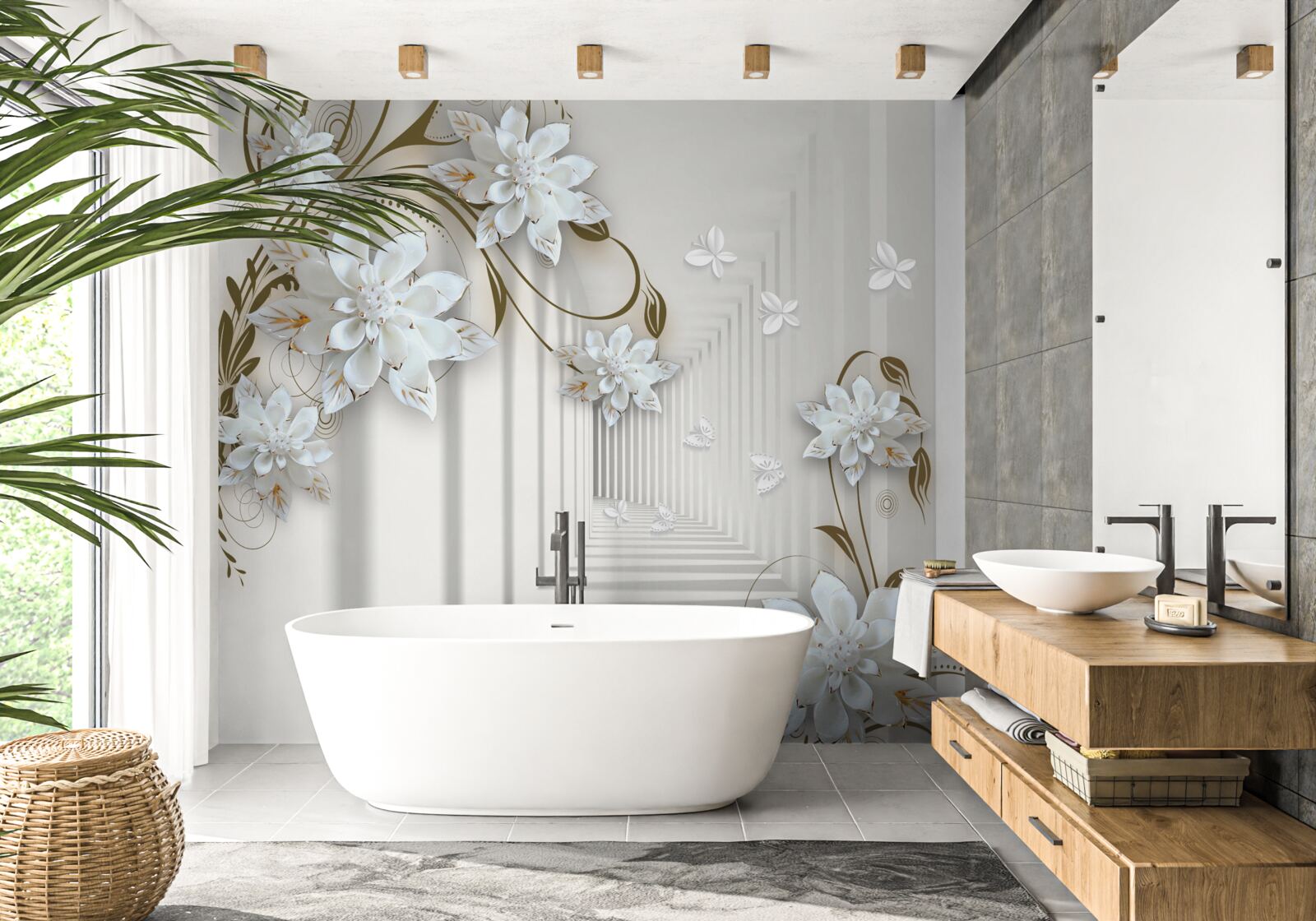 Fototapeta biele lotosové kvety a tunel miznúci v diaľke