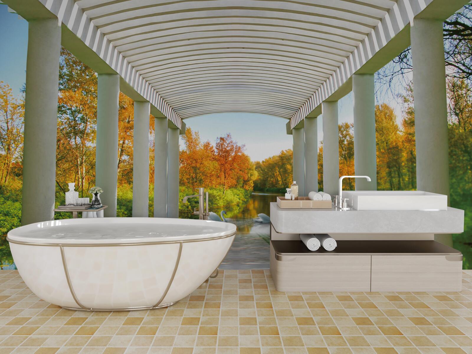 Fototapeta les v jesennej výzdobe na panoramatickom pozadí