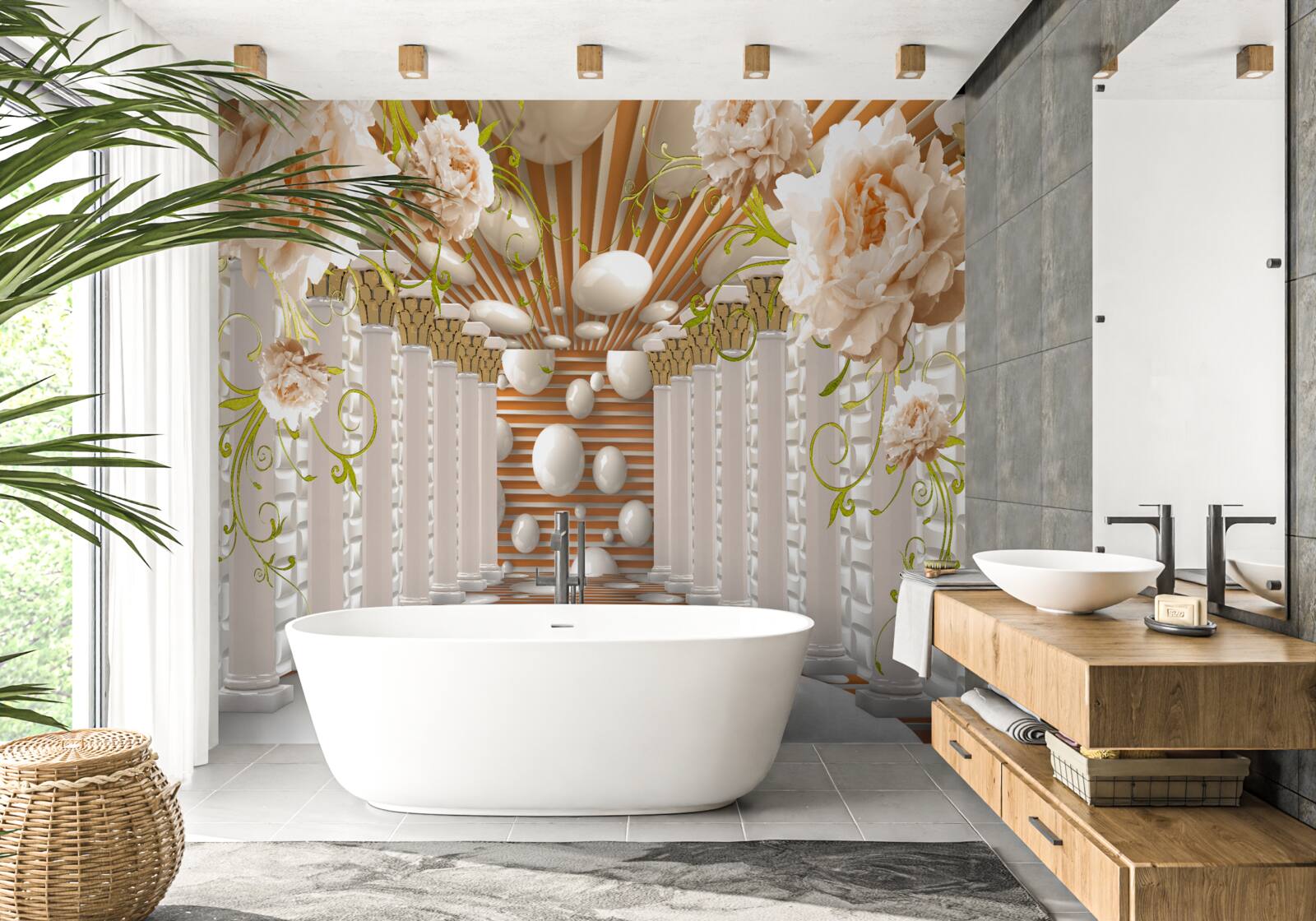 Fototapeta kamenné oblúky v tvare kvetov a postavičiek vytvárajú tunel