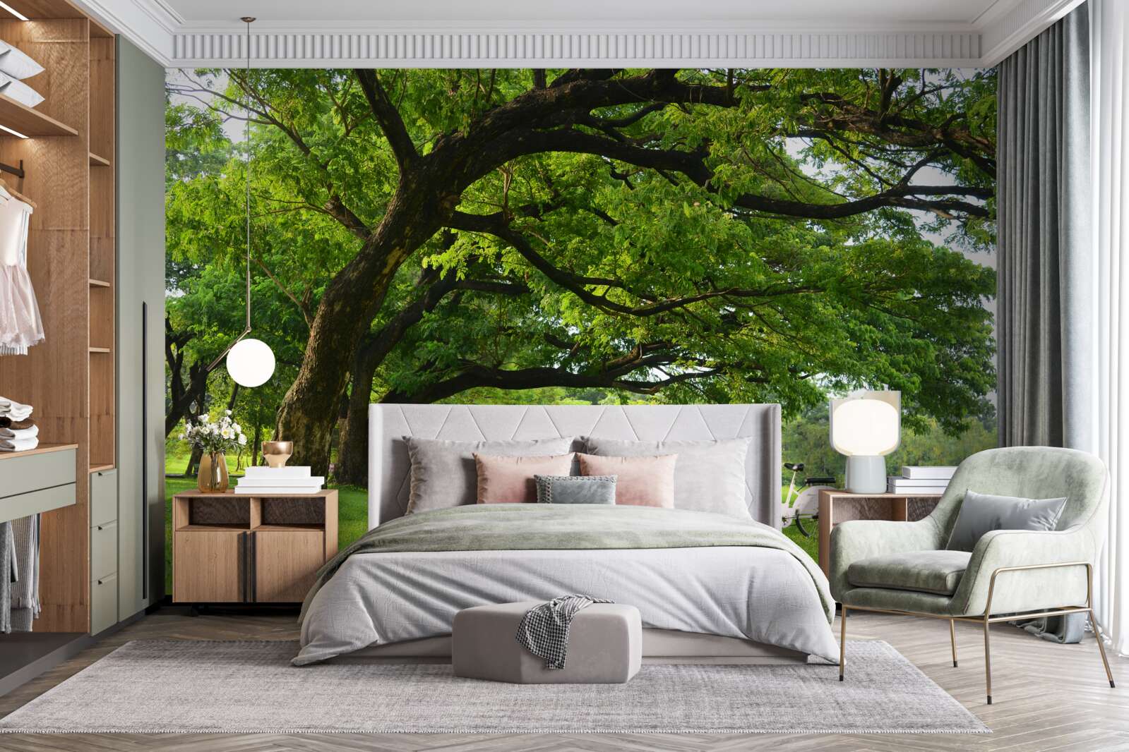 Fototapeta lúka so zelenou trávou a starými stromami