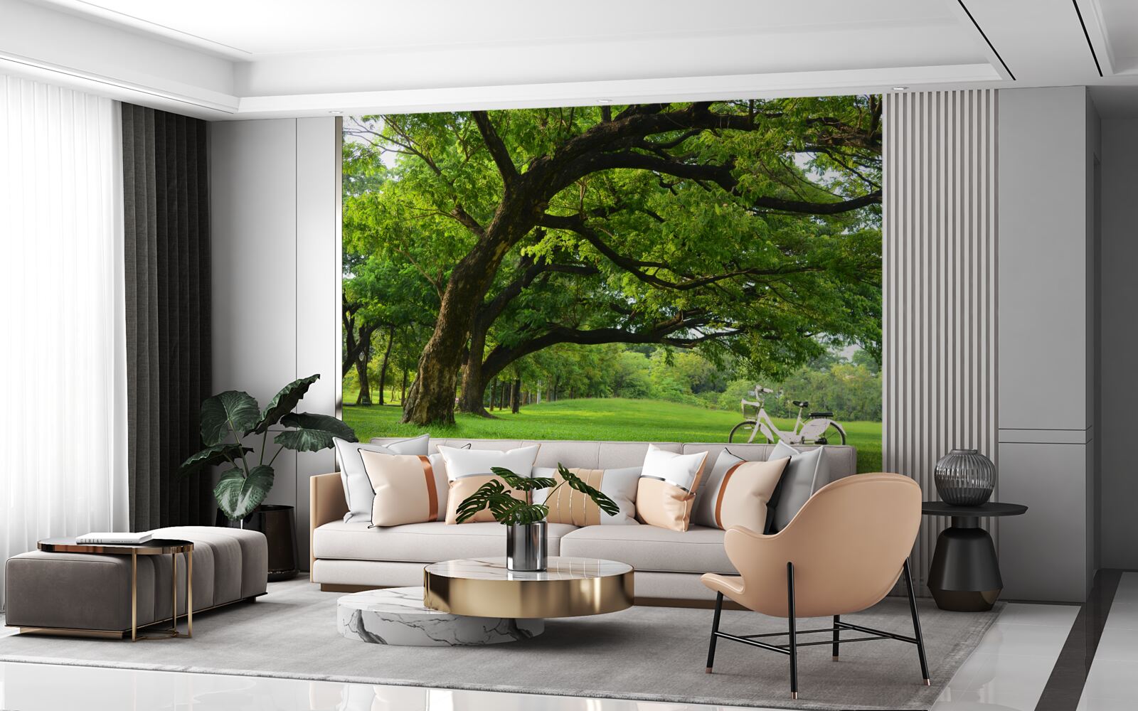 Fototapeta lúka so zelenou trávou a starými stromami