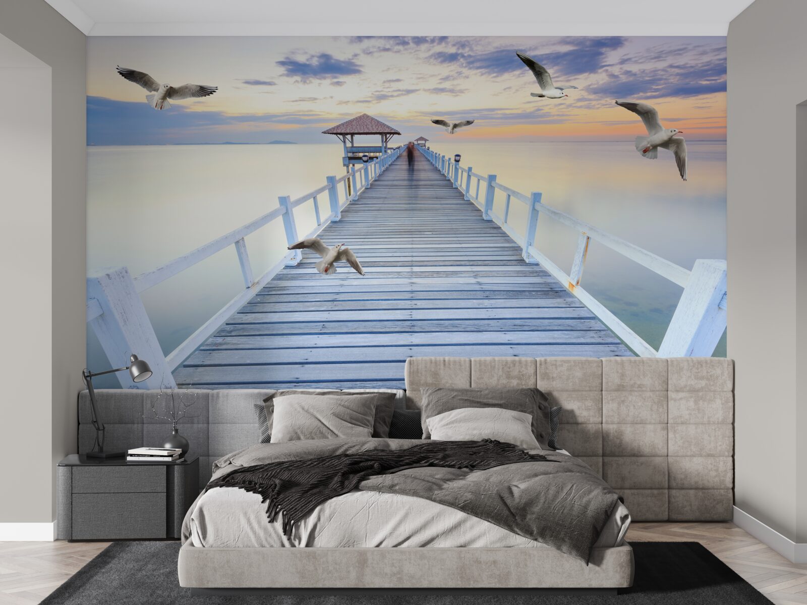 Fototapeta drevené molo a lietajúce čajky